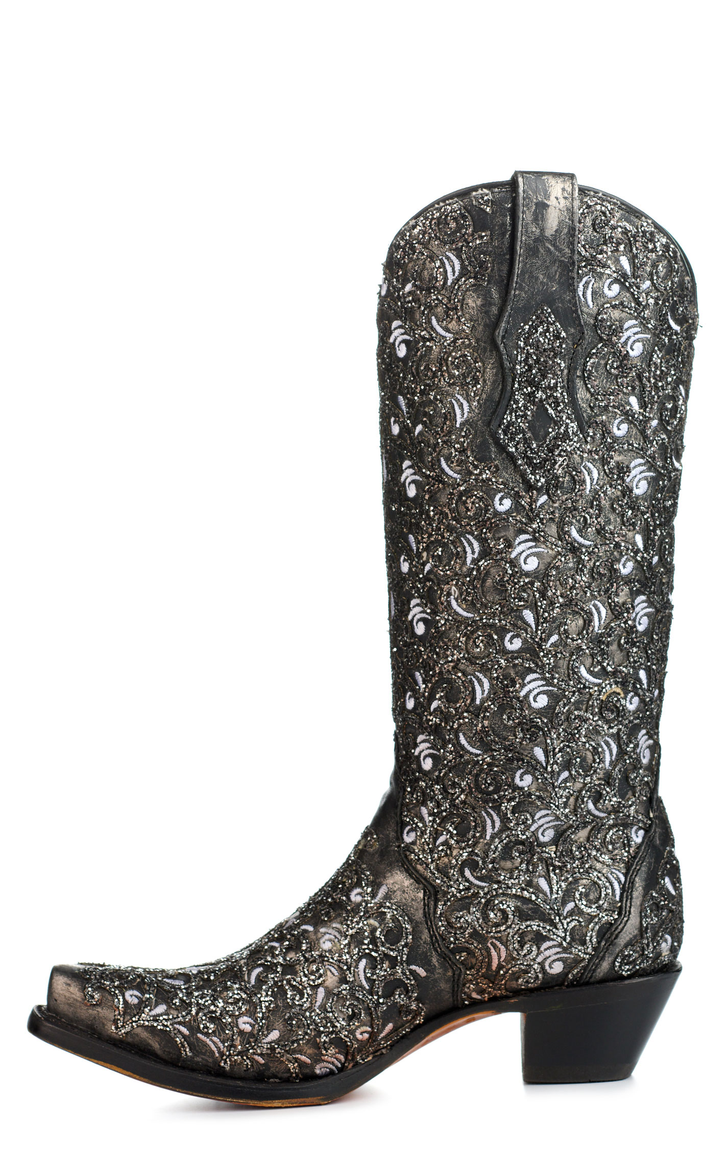 Corral Women's Black with Glitter Overlay Black Light Snip Toe Cowboy Boots - Image 1