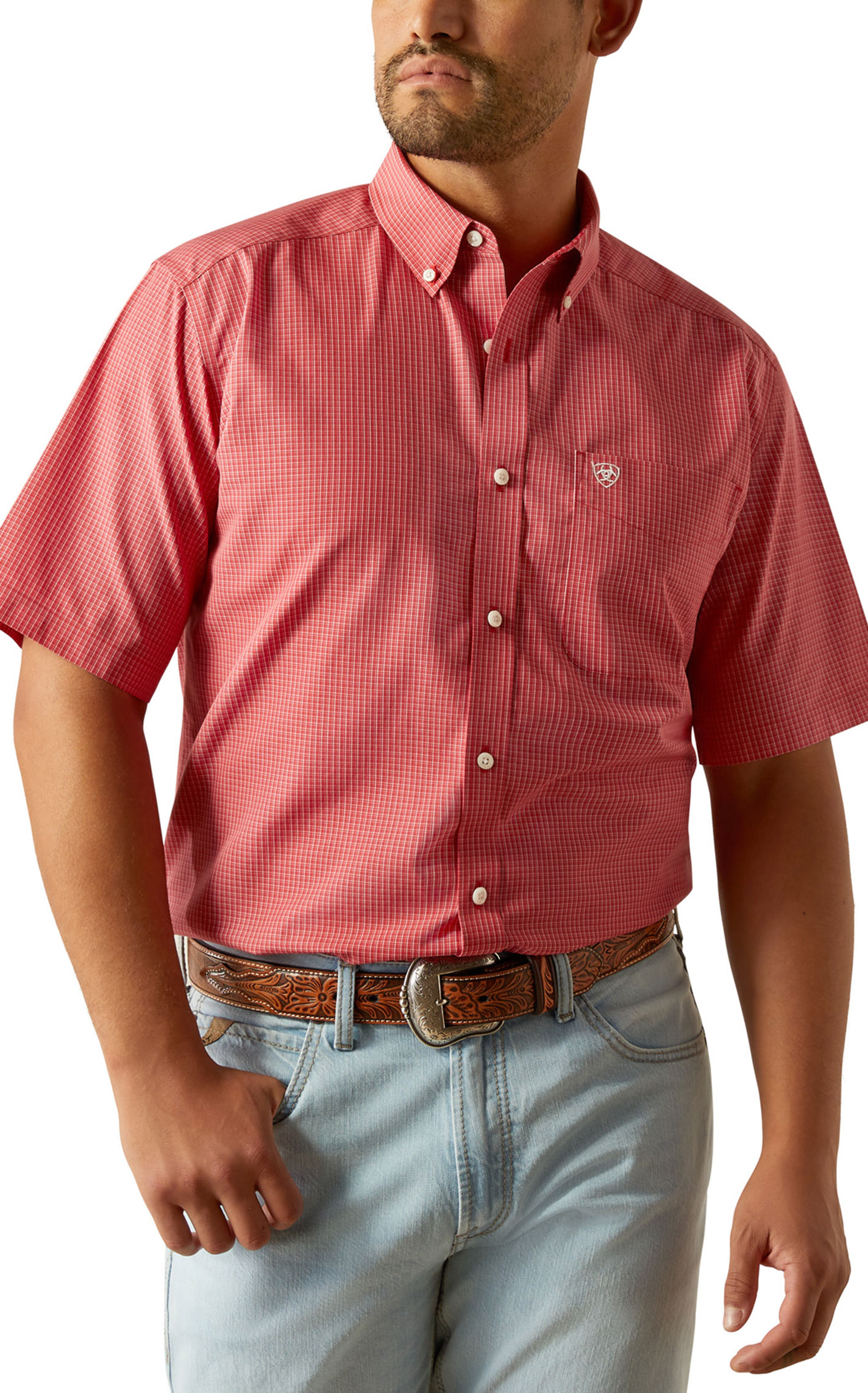 Ariat Men's Damien Red & White Mini Plaid Western Shirt - Image 1