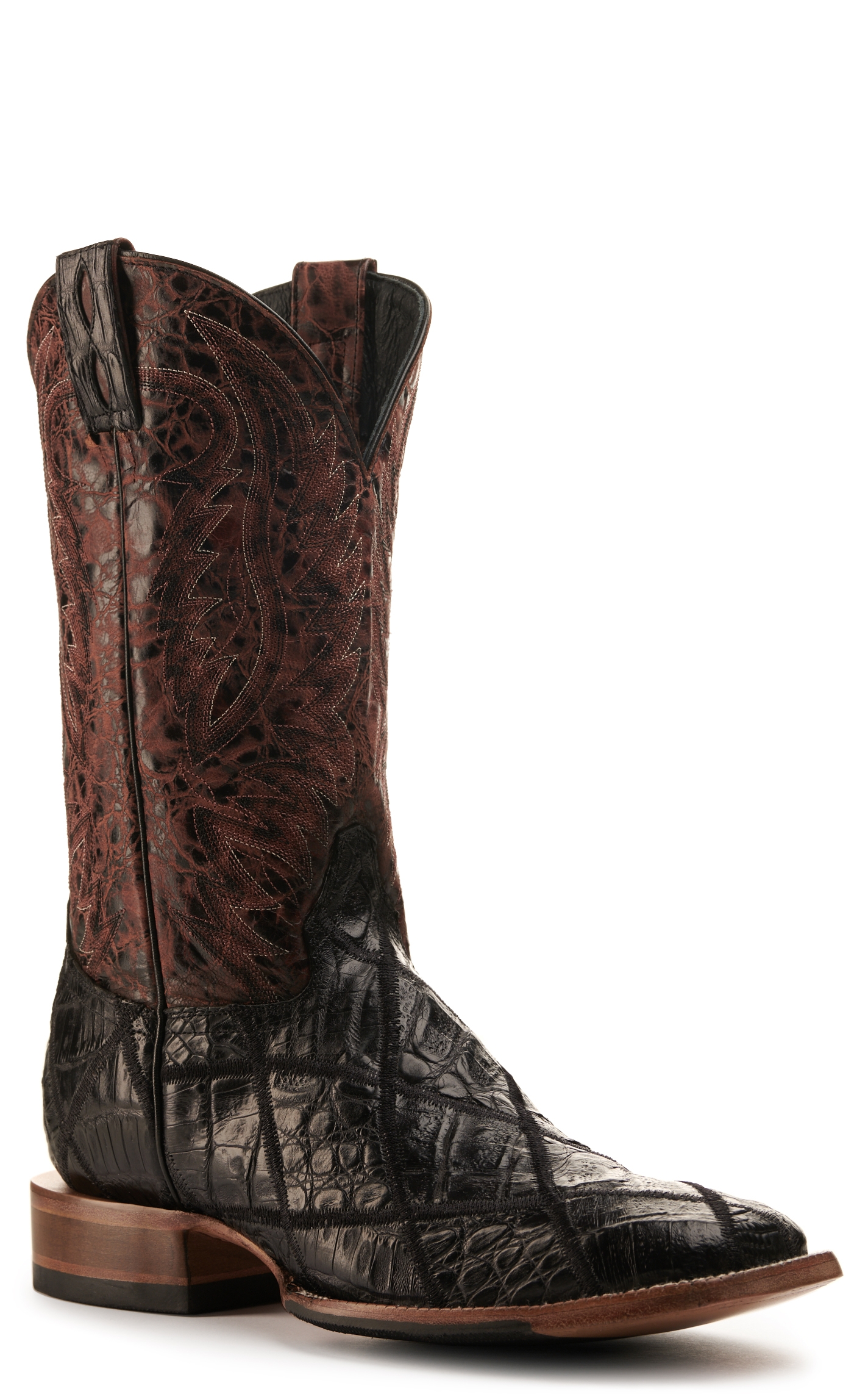 Cavender's Men's Black Caiman Patchwork and Wine Wide Square Toe Exotic Cowboy Boots - Image 1