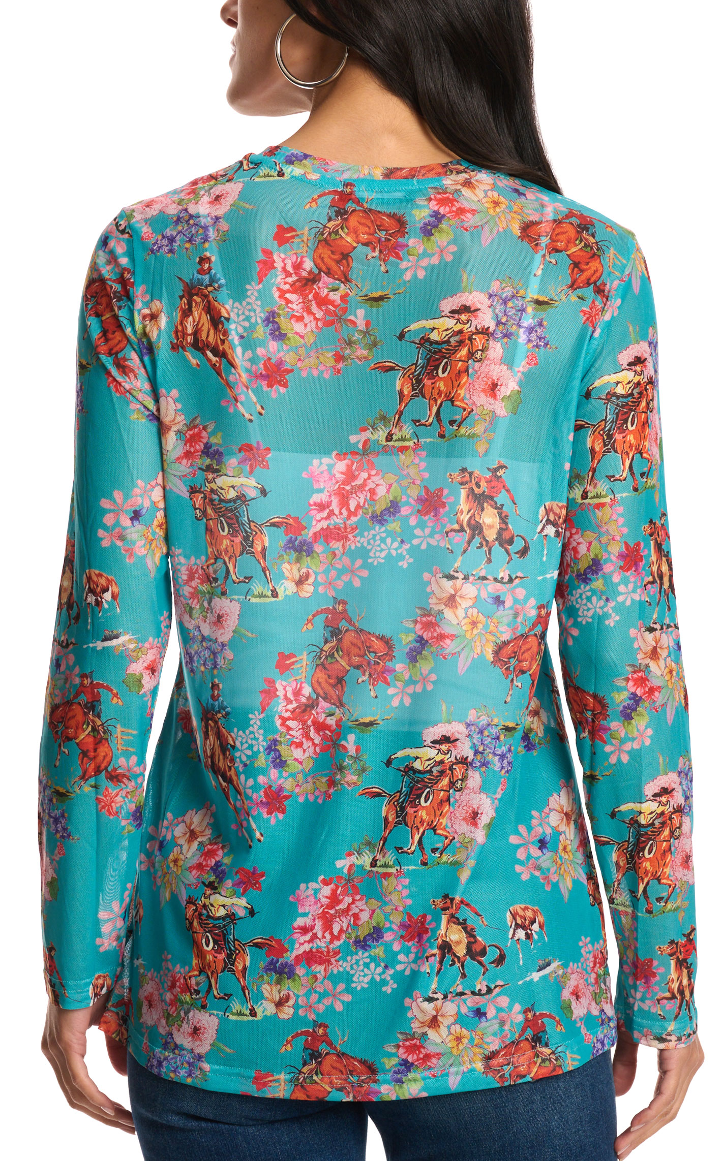 Fashion Express Women's Turquoise Floral Print Mesh Top - Image 1