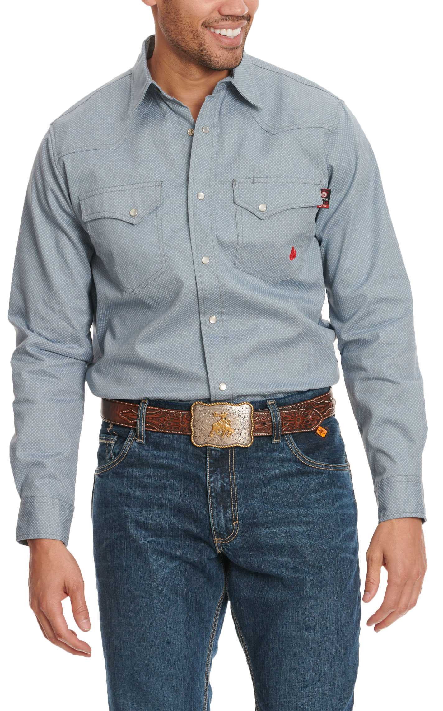 Forge Men's Stone Blue & White Geo Print Long Sleeve FR Work Shirt - Image 1