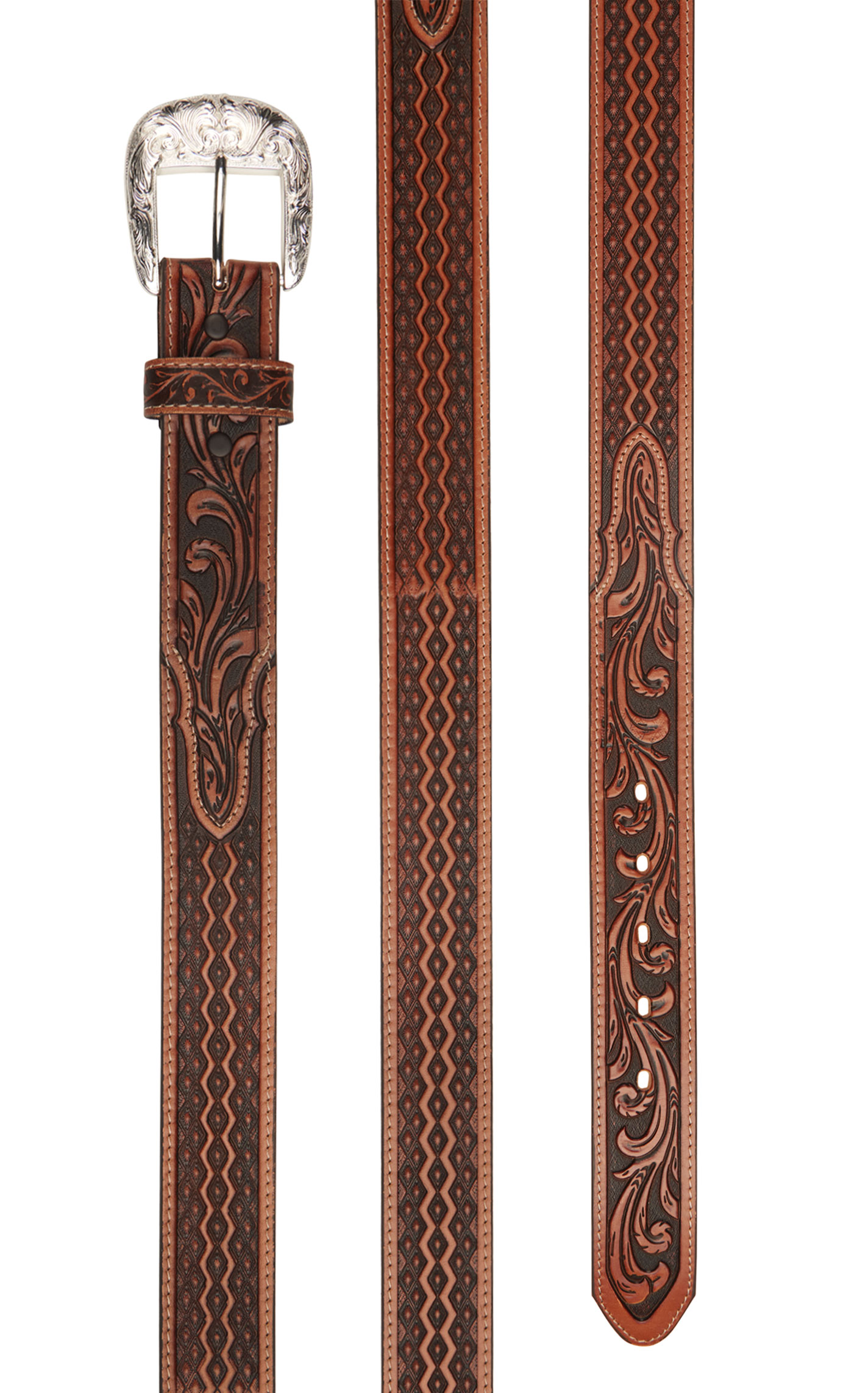 Tony Lama Men's Dark Brown Tan Diamonds & Vines Western Belt - Image 1
