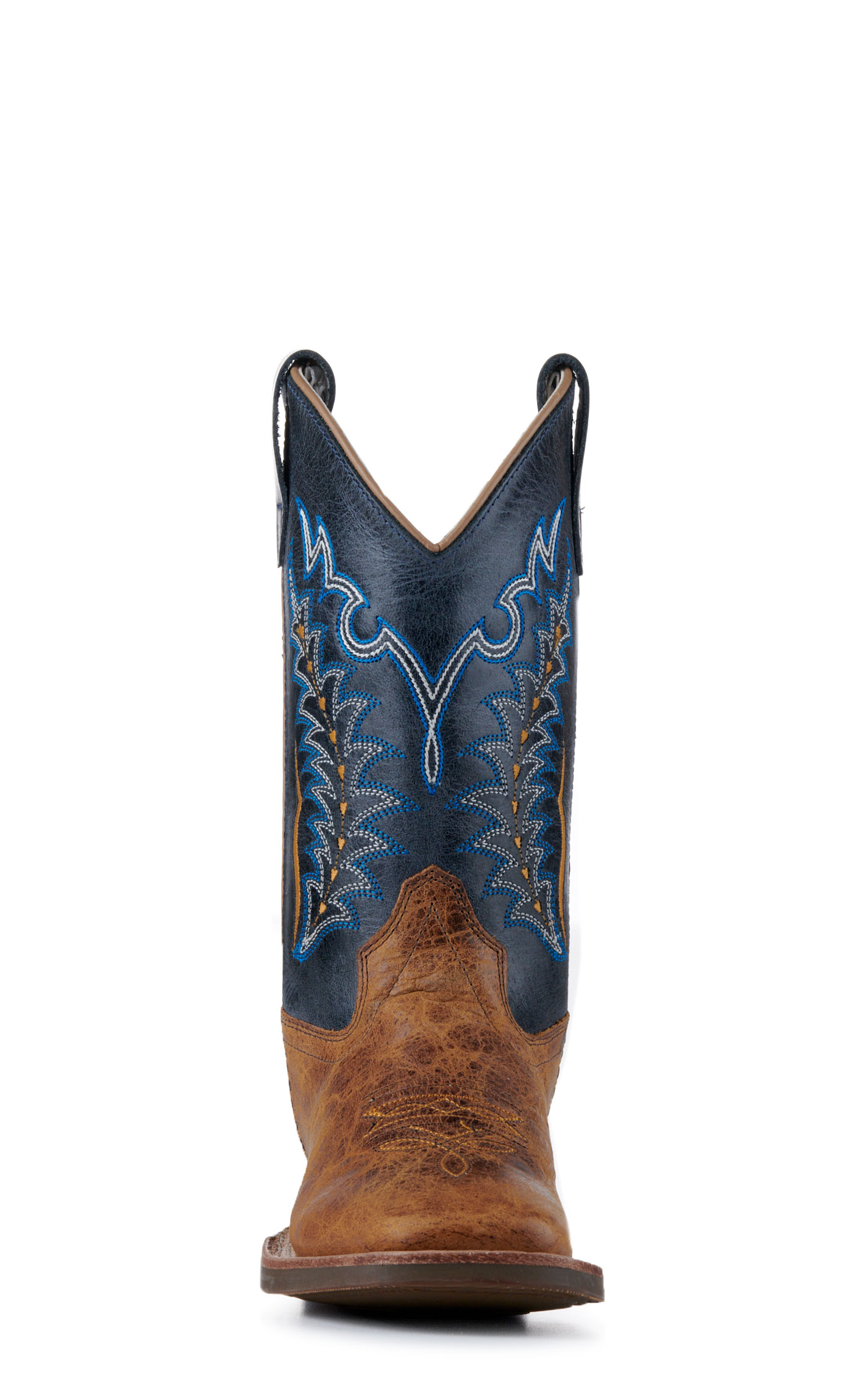 Old West Youth Burnt Tan and Navy Blue Wide Square Toe Cowboy Boots - Image 1