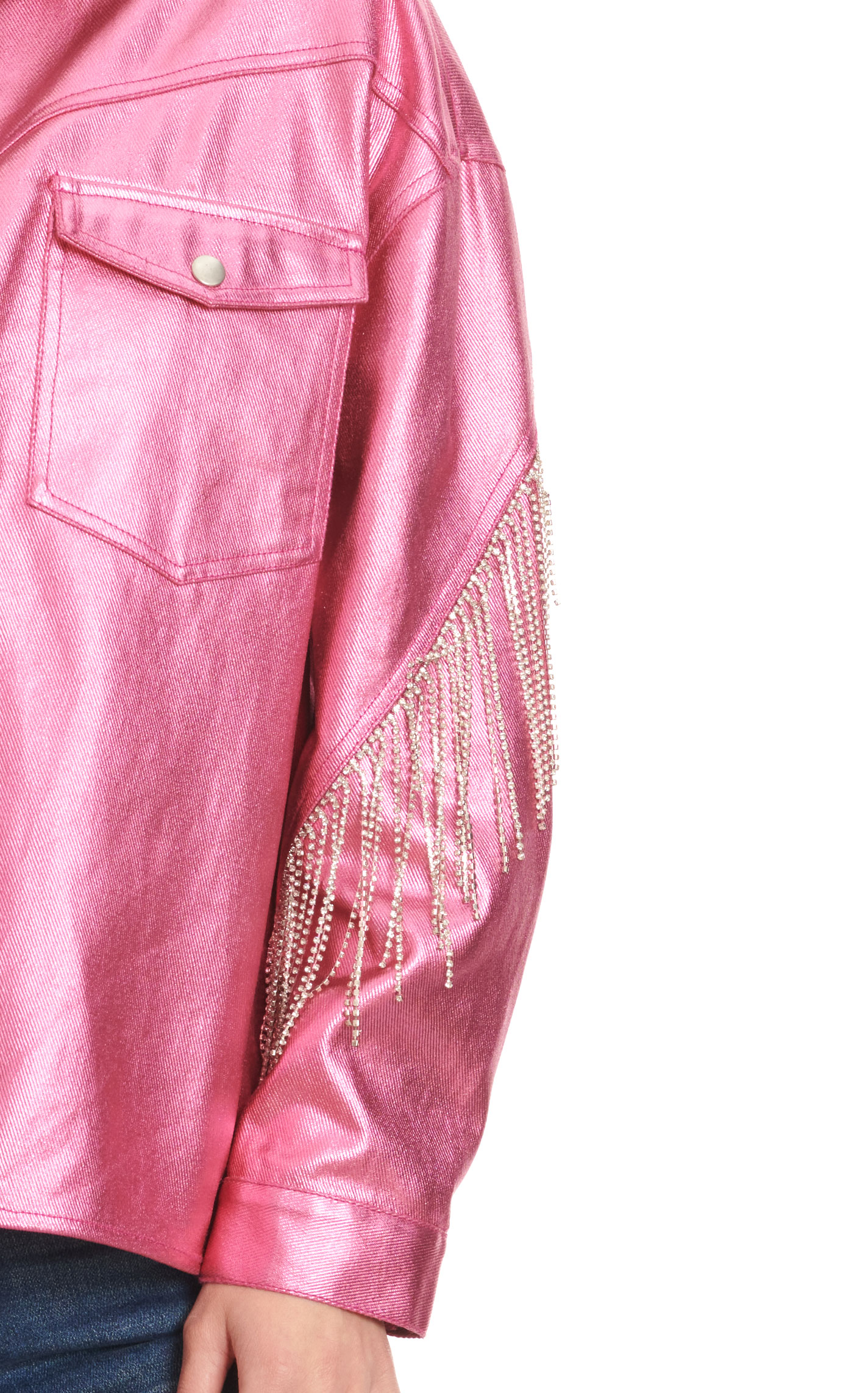 Fantastic Fawn Women's Shiny Hot Pink with Clear Crystal & Silver Fringed Shacket - Image 1