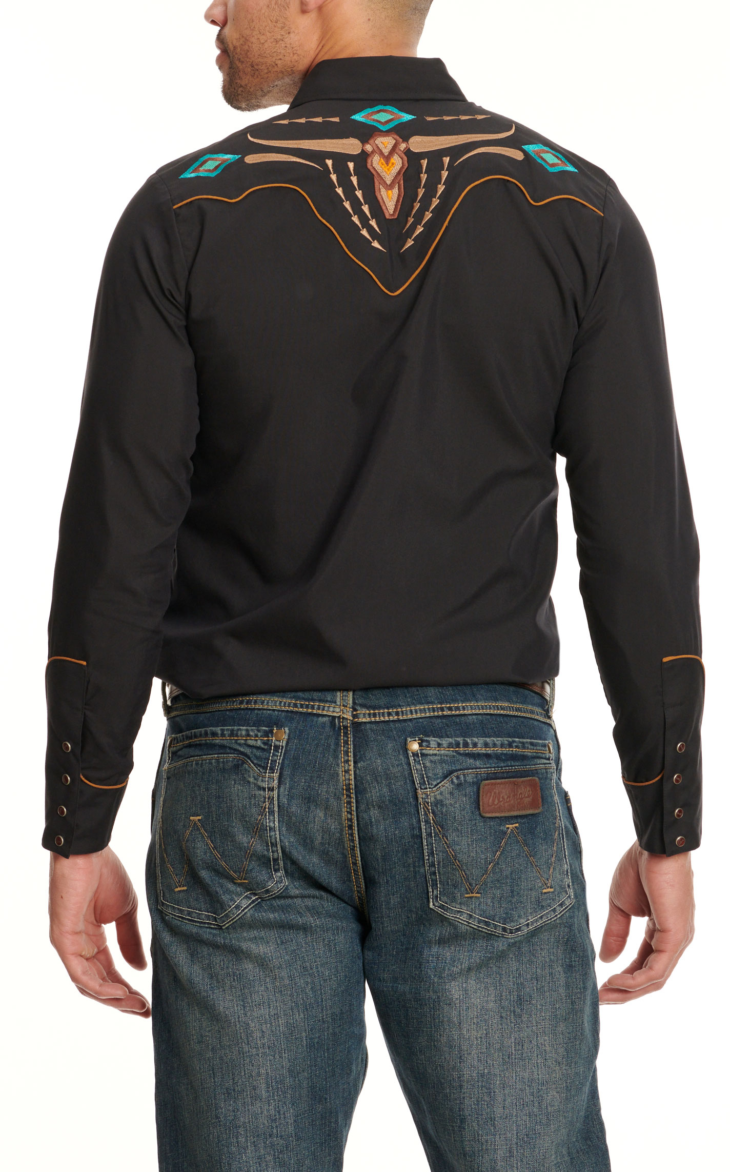 Ranger's Legend Men's Black & Colorful Longhorn Embroidery Long Sleeve Western Shirt - Image 1