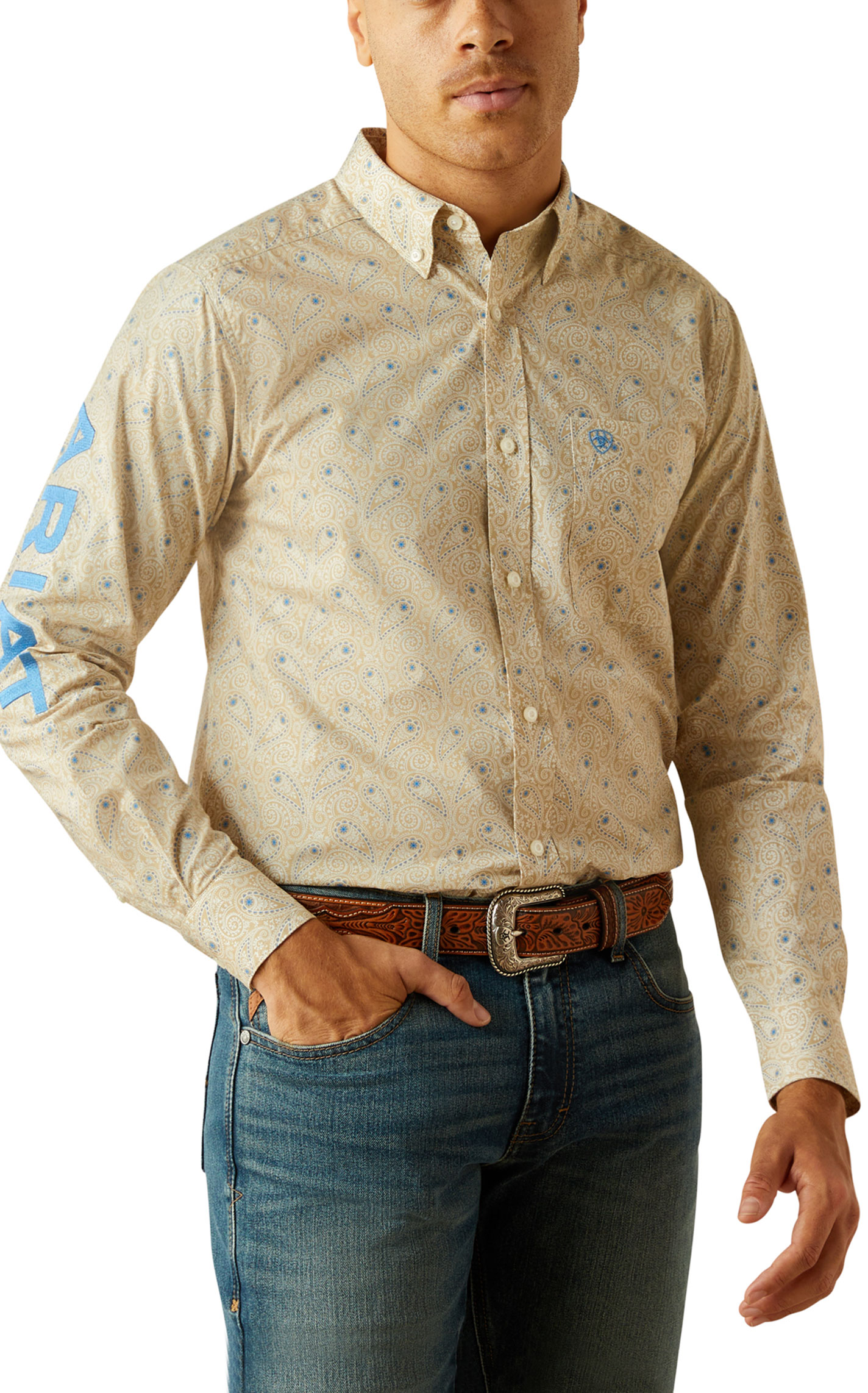 Ariat Men's Alder Team Khaki Paisley Embroidered Logo Western Shirt - Image 1