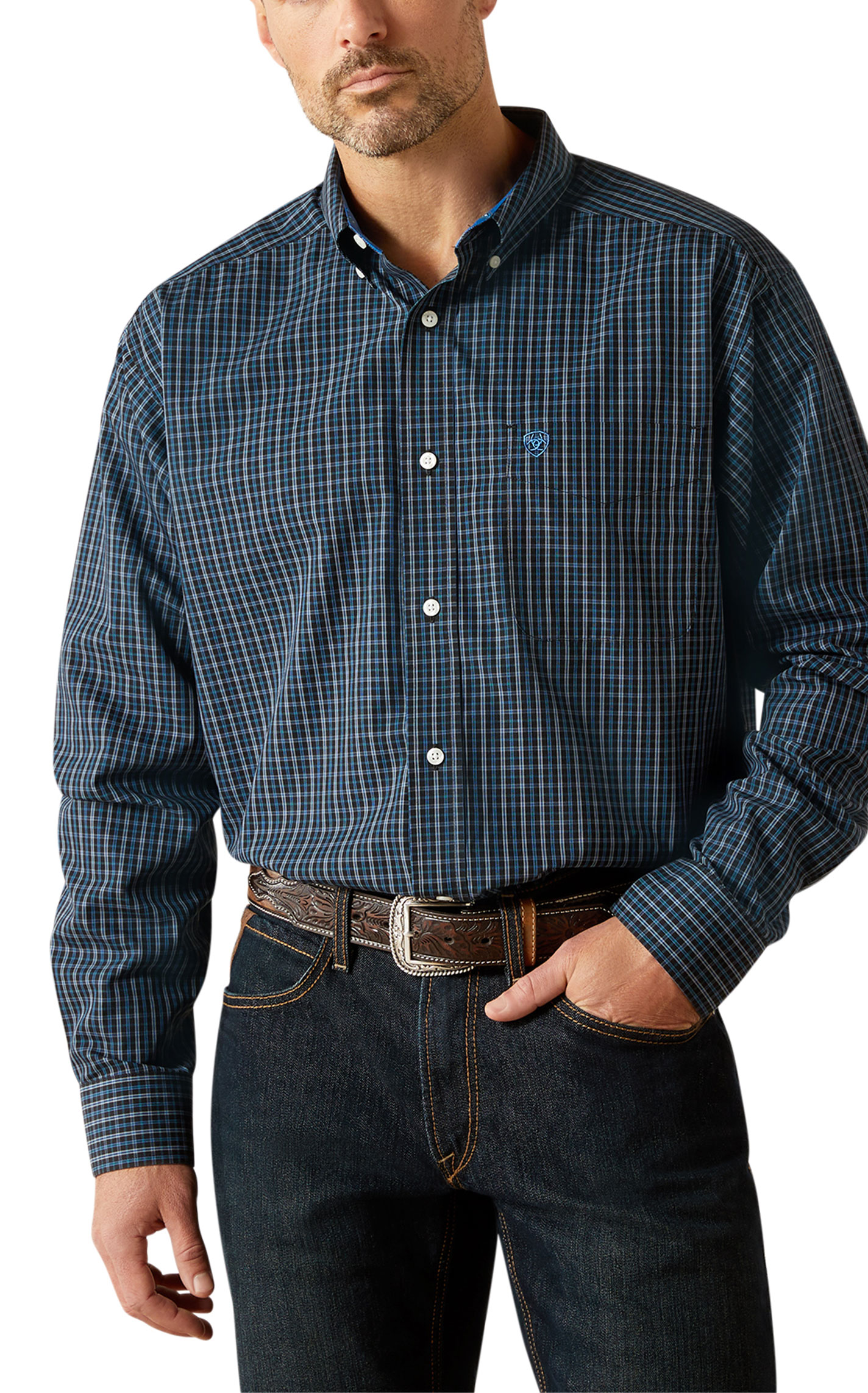Ariat Men's Black & Blue Plaid Print Western Shirt - Image 1