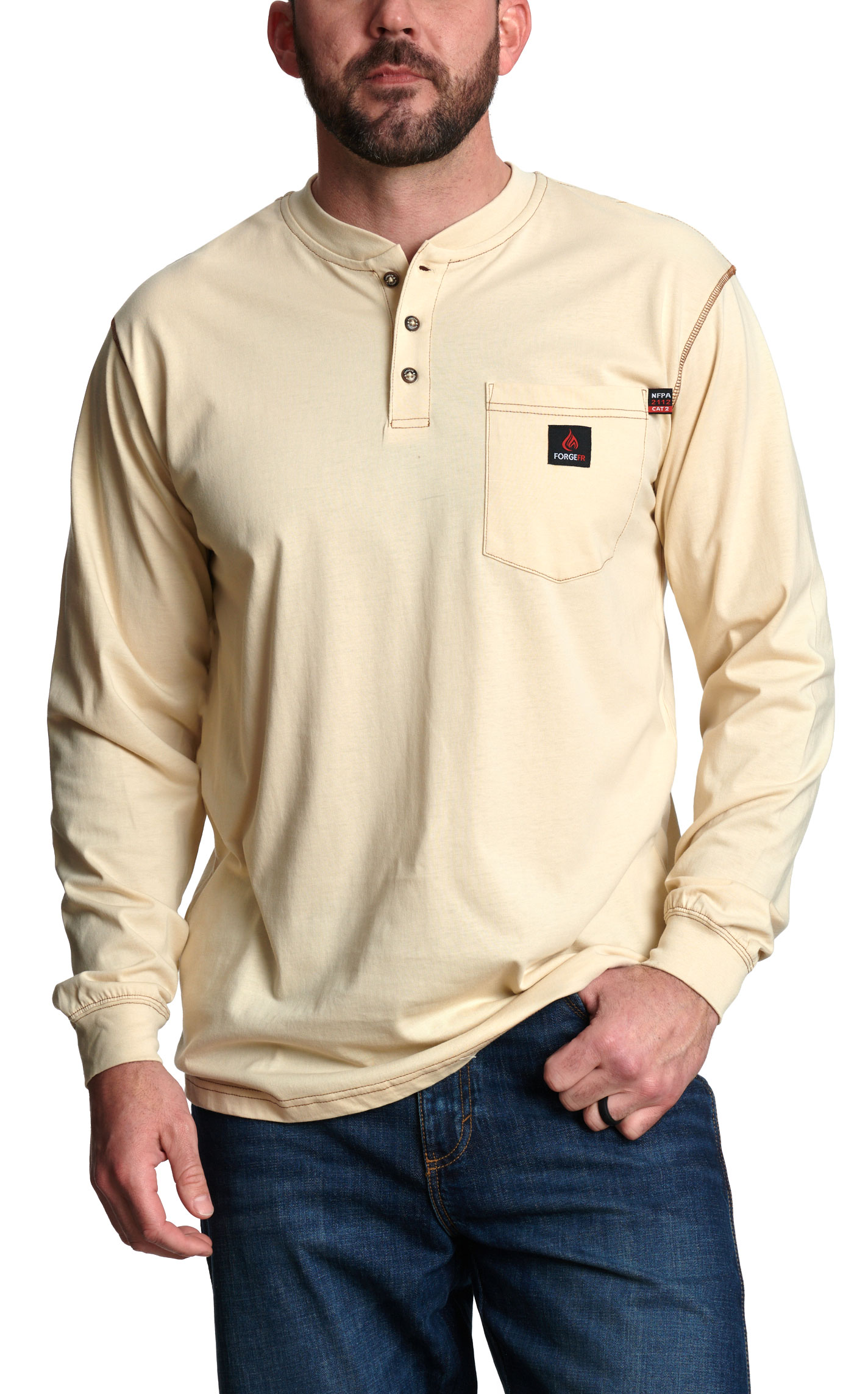 Forge Men's FR Sand Contrast Stitch Light Weight Henley Shirt - Image 2