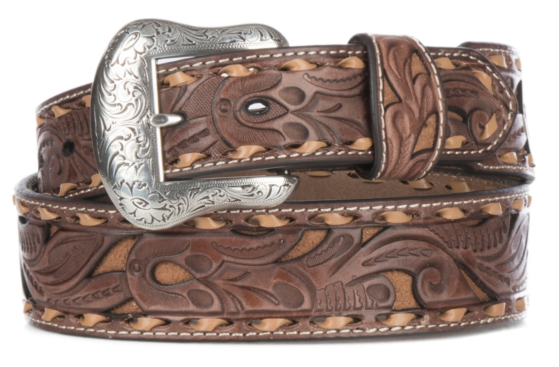 Nocona Men's Brown Genuine Leather Floral with Tan Inlay & Lace Western Belt - Image 1