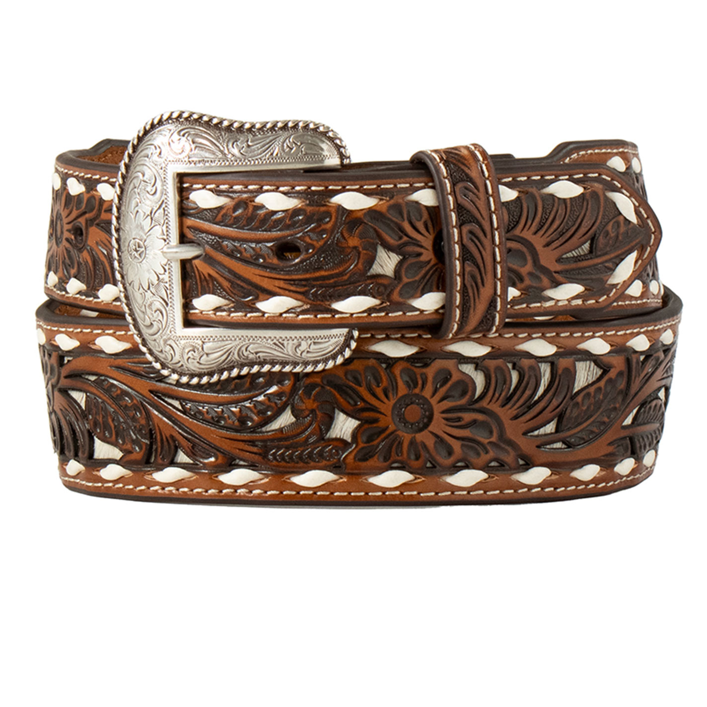 Nocona Brown and White Floral Tooled Leather and Cowhide Inlay Belt - Image 1
