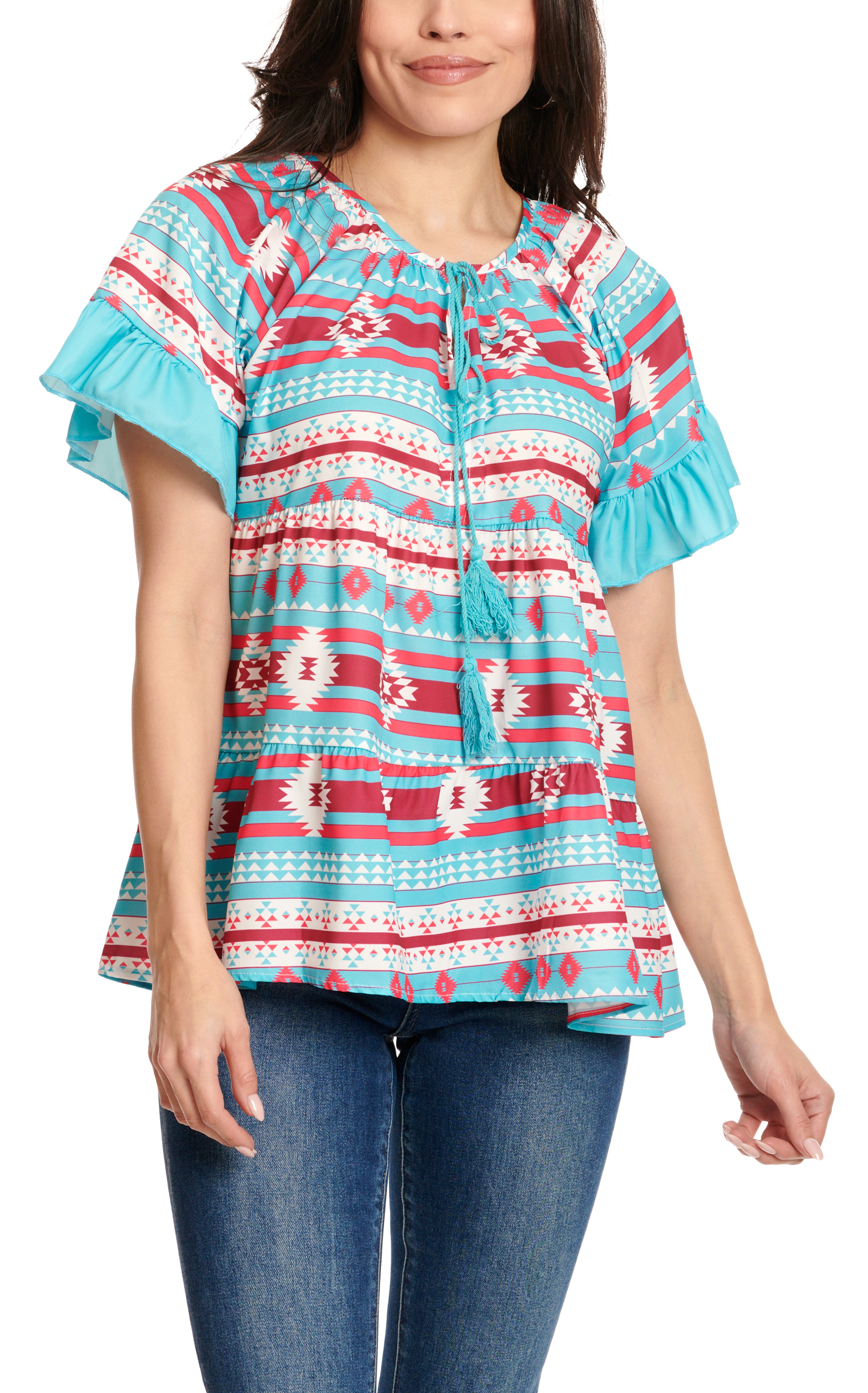 Southern Grace Women's Turquoise & Red Aztec Print Baby Doll Style Short Sleeve Top - Image 1