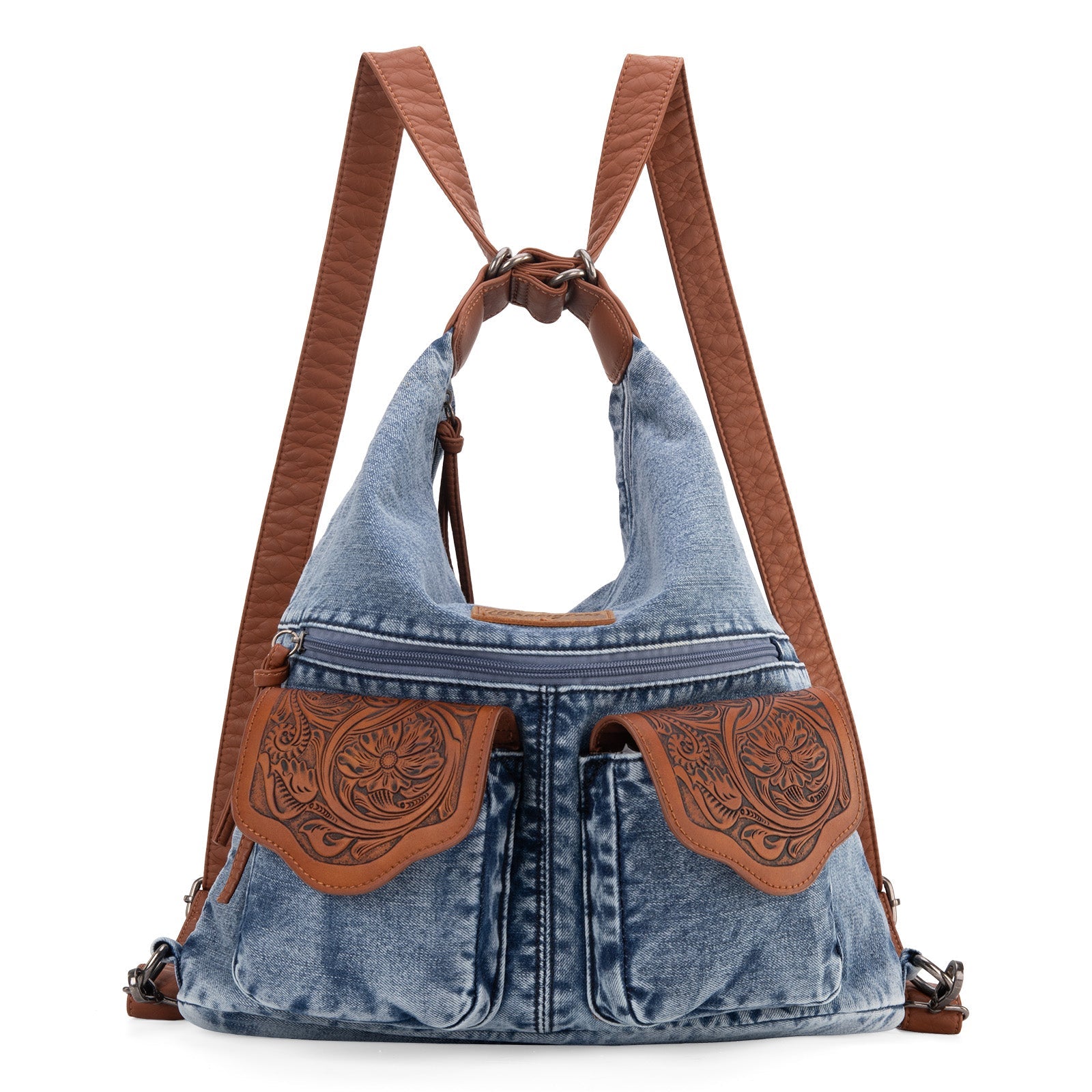 Wrangler Denim & Floral Tooled Leather Convertible Hobo/Crossbody/Backpack - Image 1