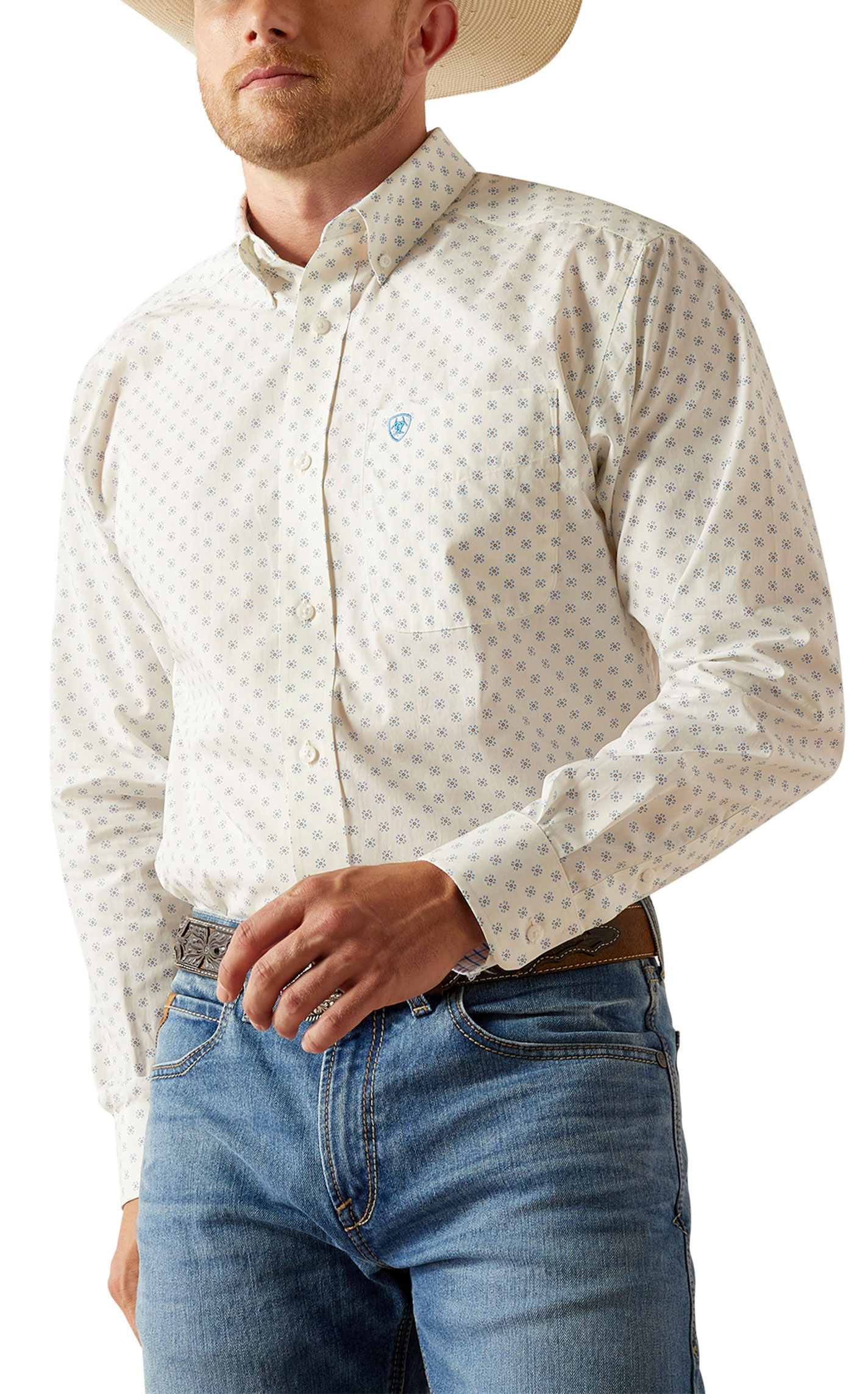 Ariat Men's Adrian Cream & Blue Geo Print Western Shirt - Image 1
