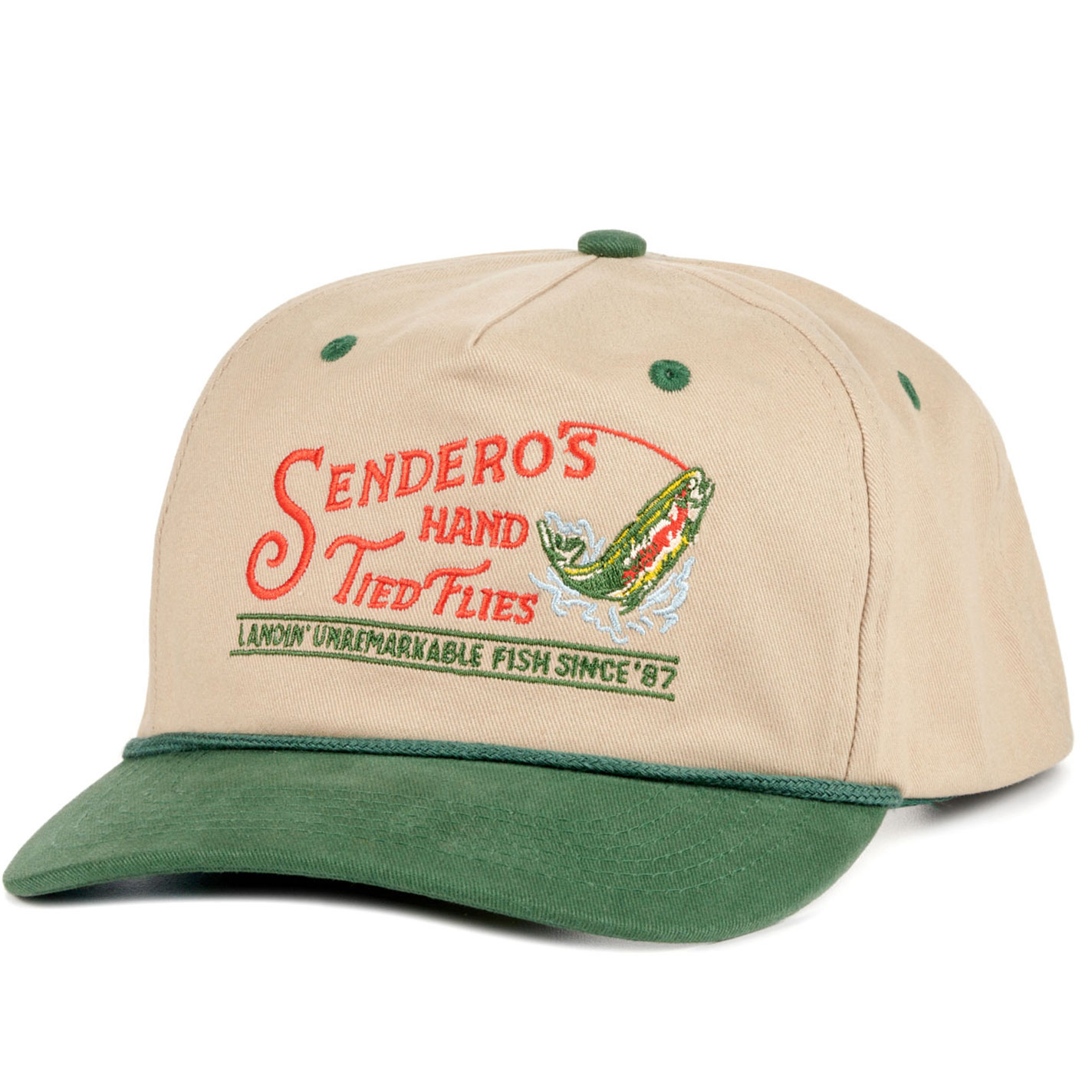 Sendero Provisions Co. Tan and Green Hand Tied Flies Rope Cap - Image 1