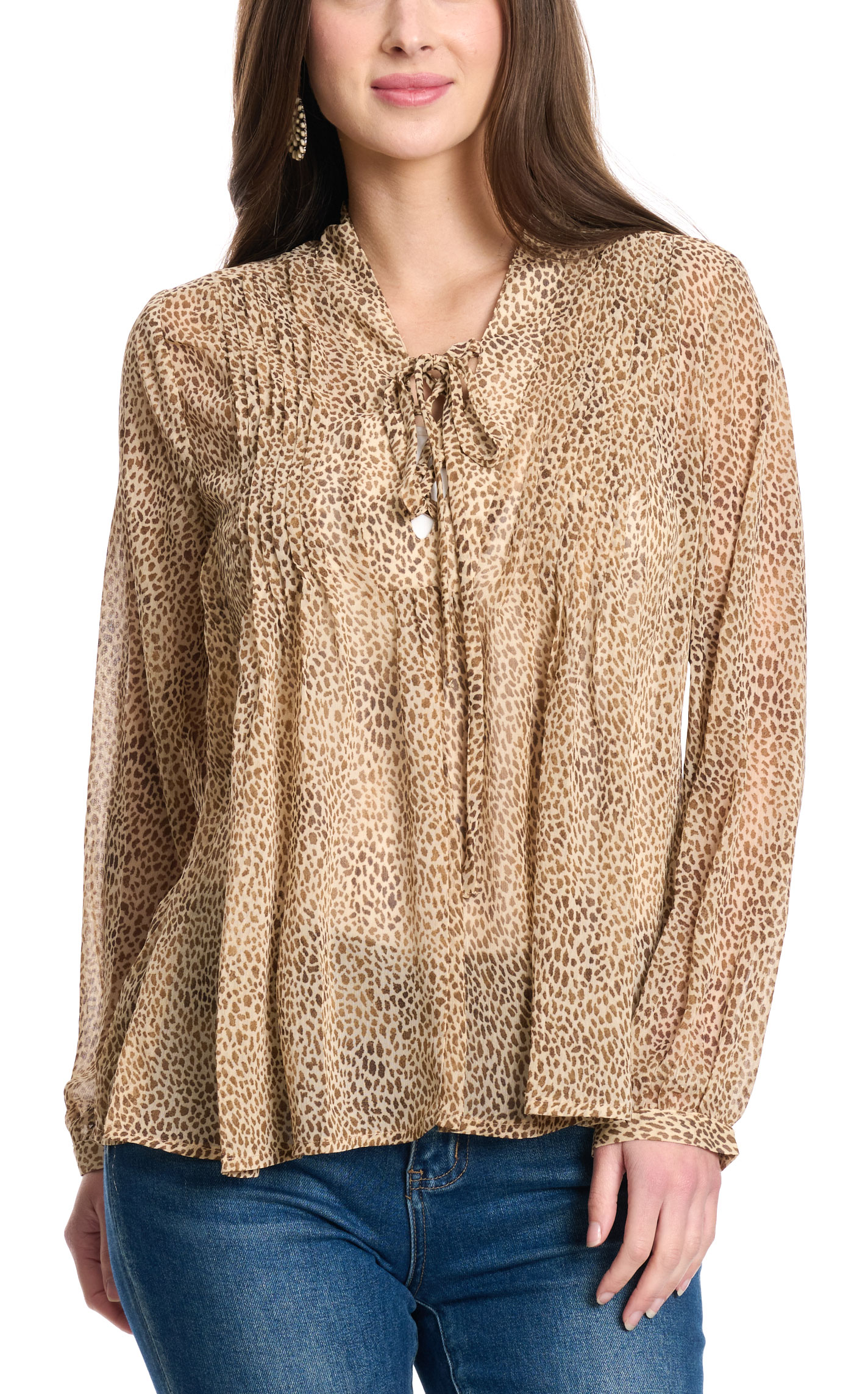 Blue B Women's Sheer Latte Leopard Lace-Up Top - Image 1