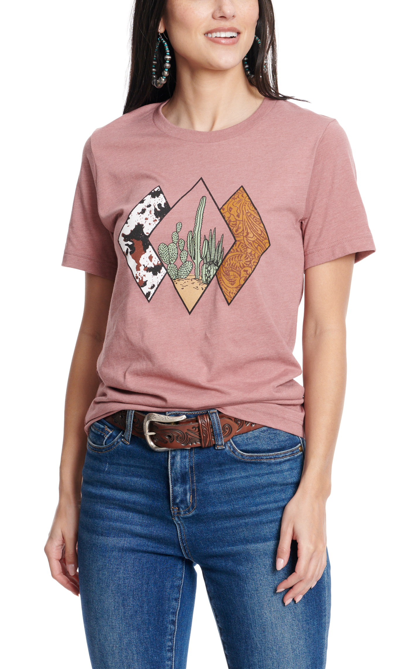 Jazzy Belle Women's Dusty Pink Triple Diamond Cactus Graphic Short Sleeve T-Shirt - Image 1