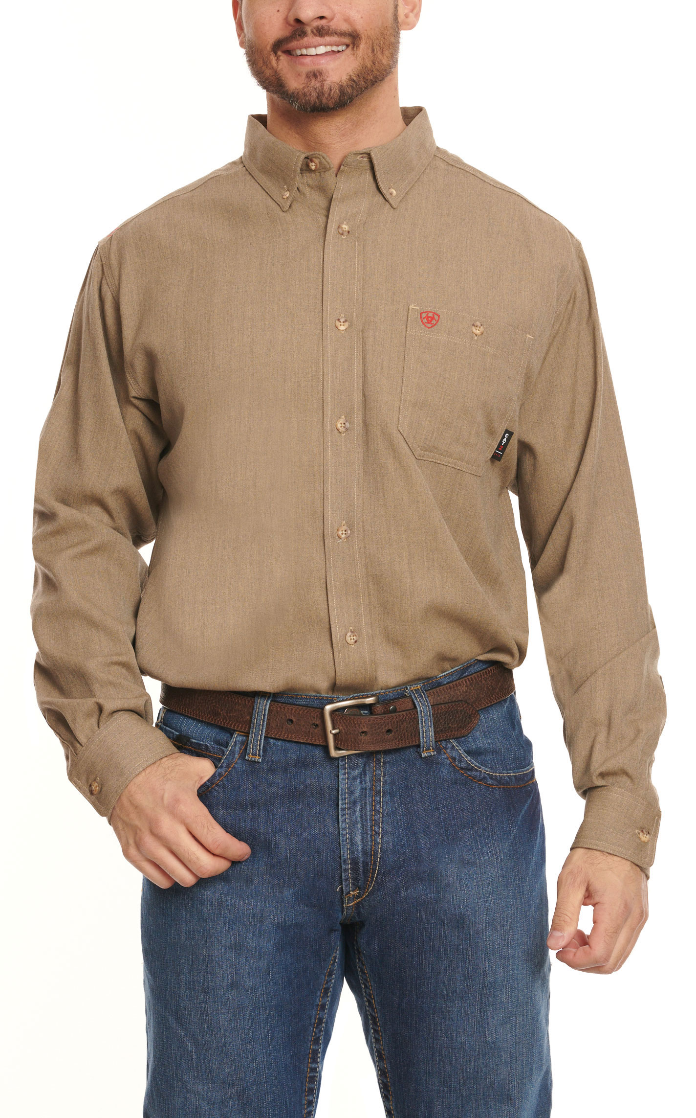 Ariat Men's Air Inherent Khaki Heather Sand CAT 2 FR Work Shirt - Image 1