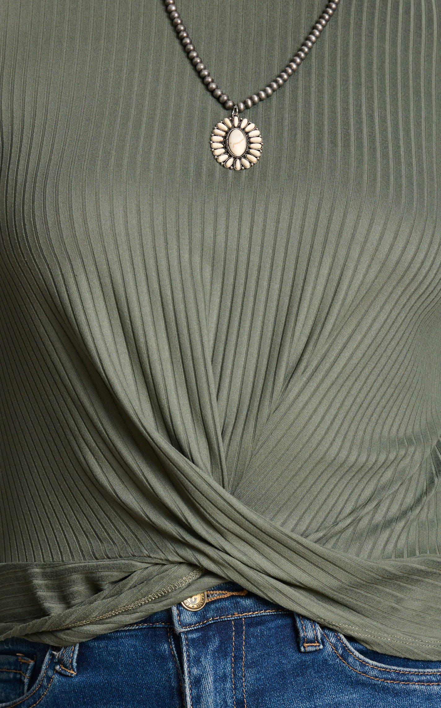 Moa Moa Women's Olive Ribbed Twist Front Top - Image 1