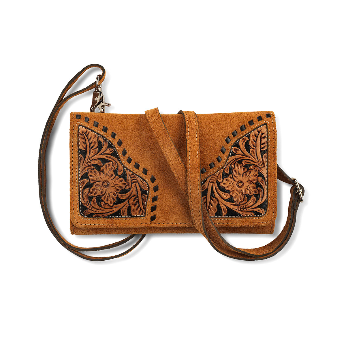 Ariat Sierra Caramel Suede Tooled Floral Crossbody Clutch Bag - Image 1