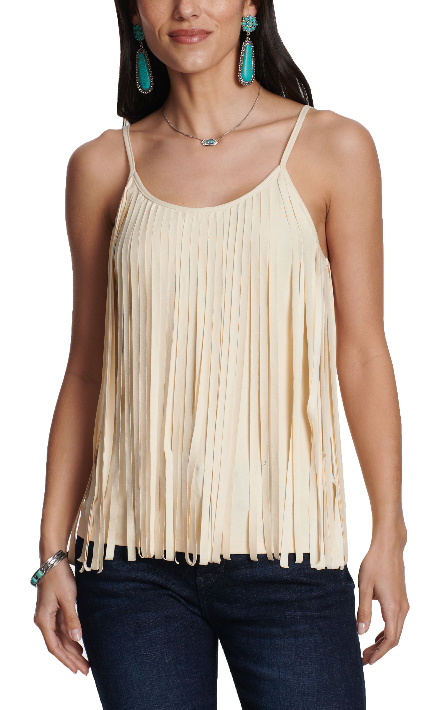 Cowgirl Hardware Women’s Off White Faux Suede Fringe Cami-Tank - Image 1