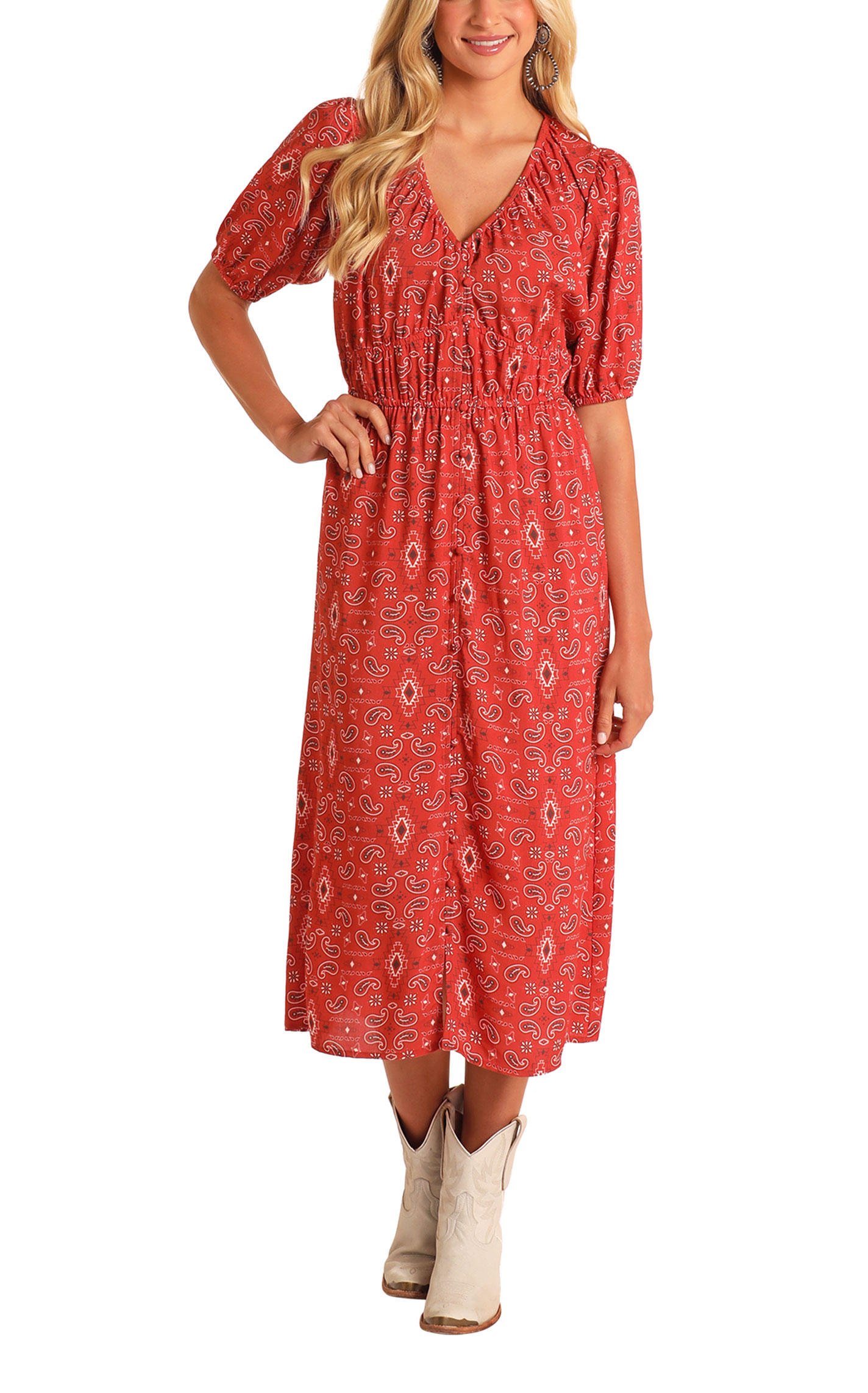 Panhandle Slim Women's Red Paisley V-Neck Midi Dress - Image 1