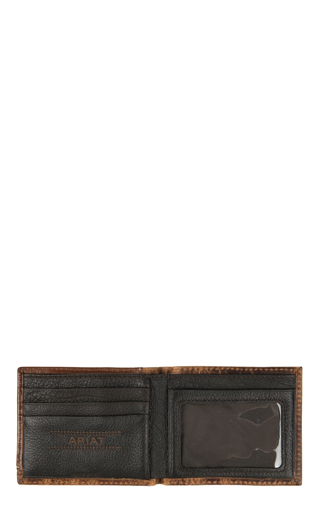 Ariat Distressed Brown Tooled Overlay Bi-Fold Wallet - Image 1
