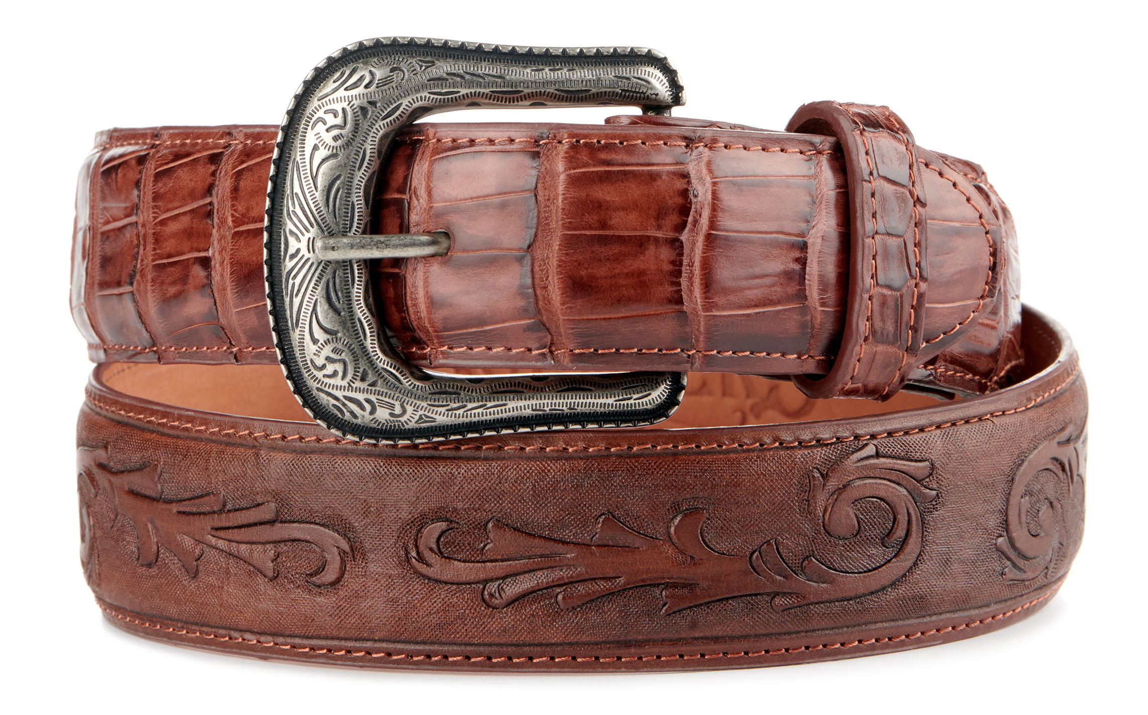 Cavender's Men's Brandy Caiman Print & Hand-Tooled Scrolling Print Western Belt - Image 1
