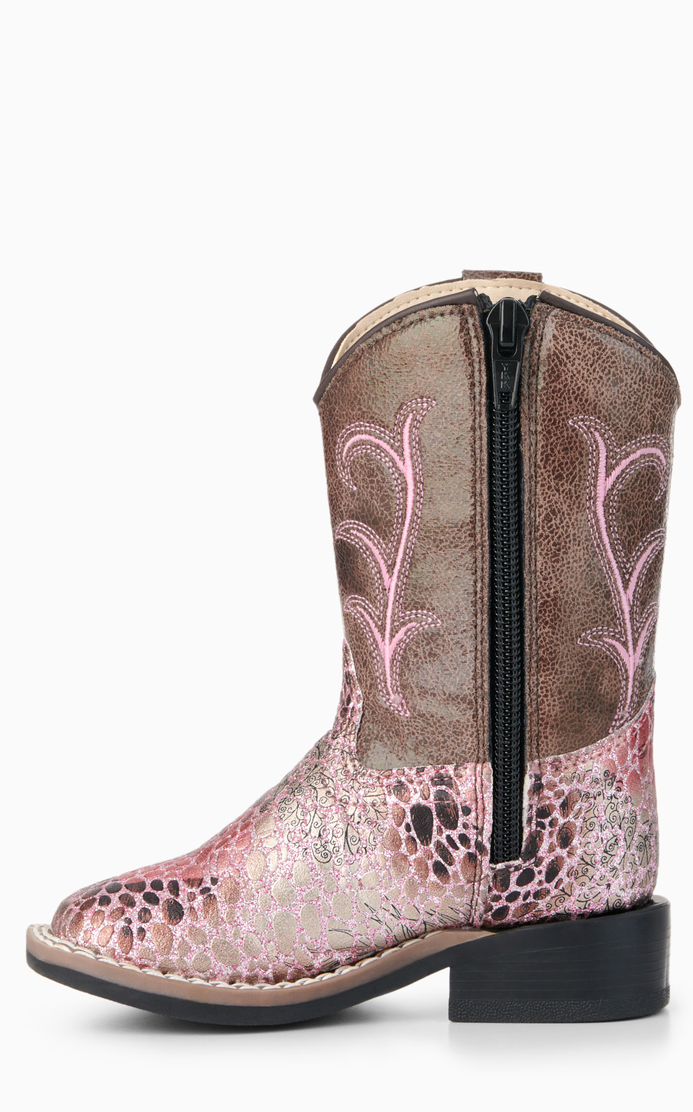 Old West Toddler Brown and Crackle Antique Pink Square Toe Cowboy Boots - Image 1