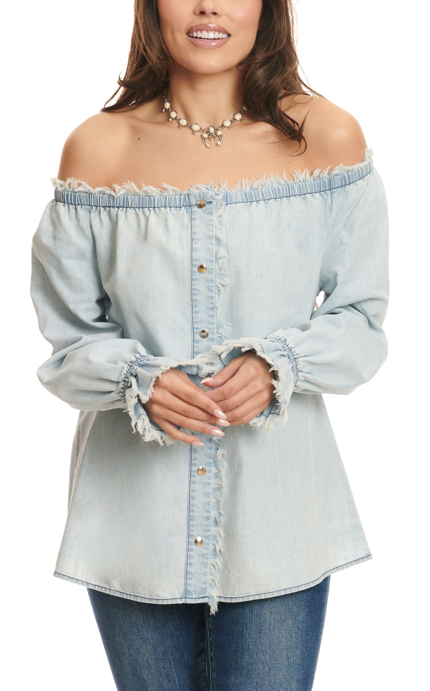 MAZIK Women's Light Denim Blue Off the Shoulder Frayed Accent Long Sleeve Top - Image 1