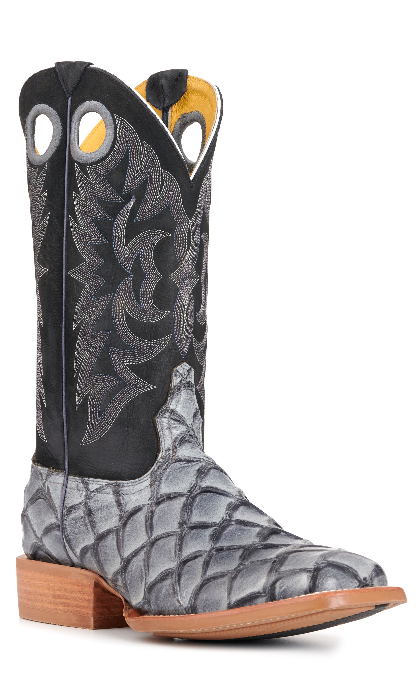 Cavender's Men's Intrepid Black and Gray Pirarucu Print Wide Square Toe Cowboy Boots - Image 1