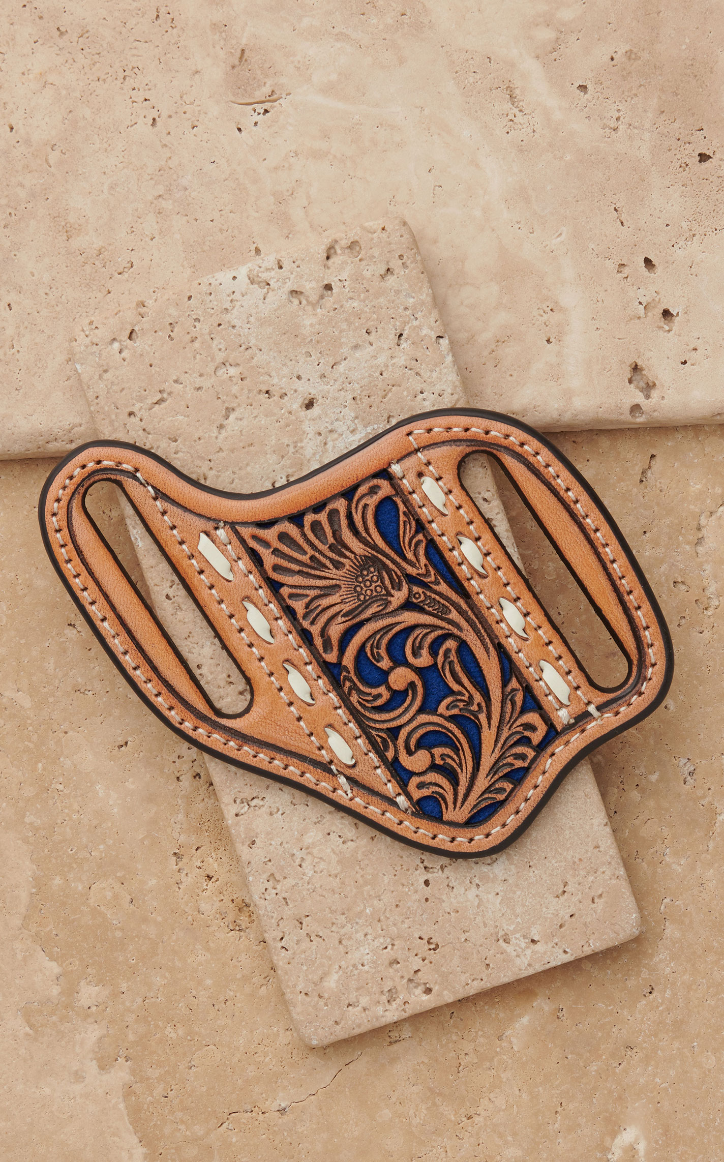 Nocona Tan Leather with Floral Tooling and Blue Inlay Knife Sheath - Image 1