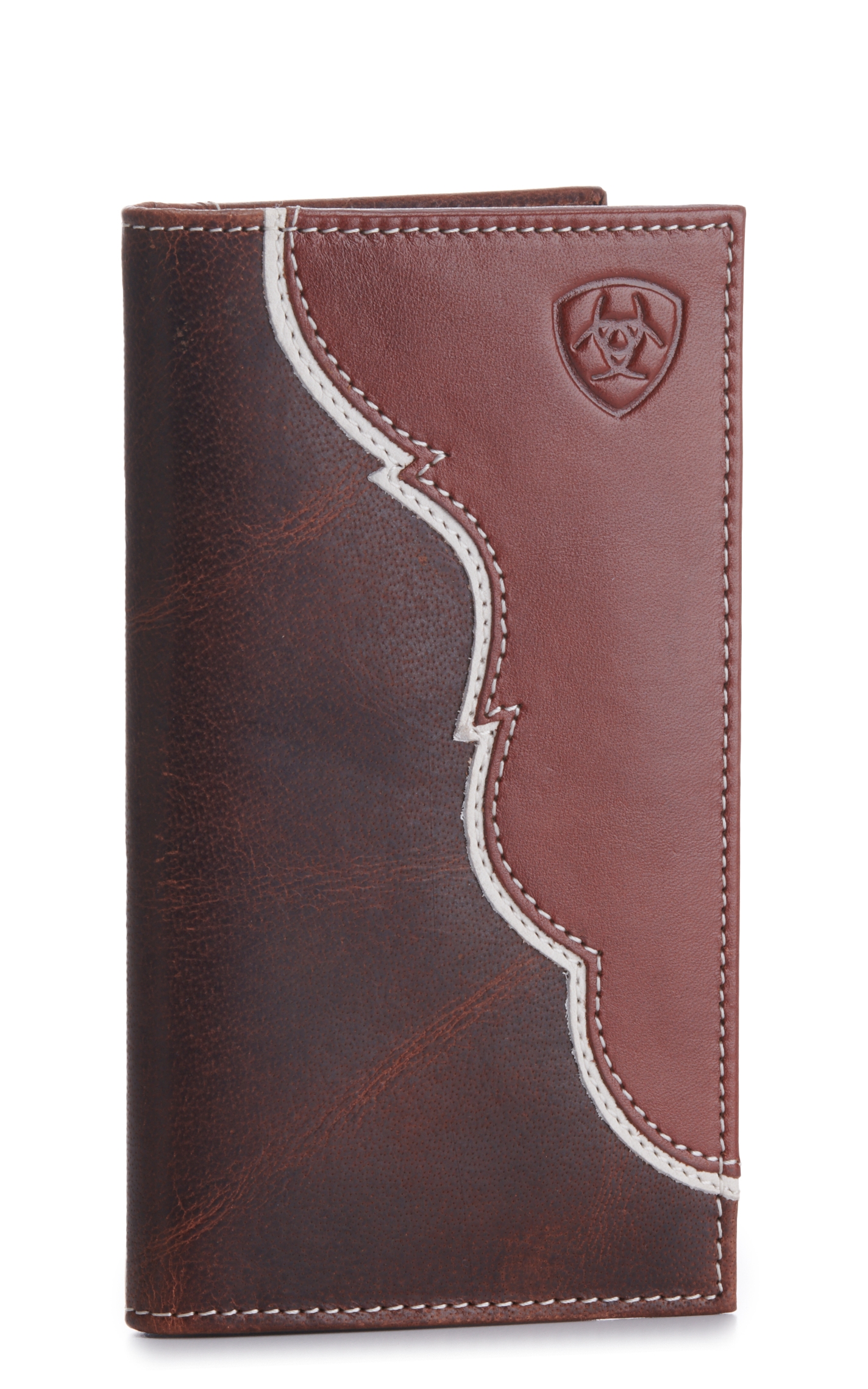 Ariat Men's Brown with Tan Overlay and Embossed Shield Logo Checkbook / Rodeo Wallet - Image 1