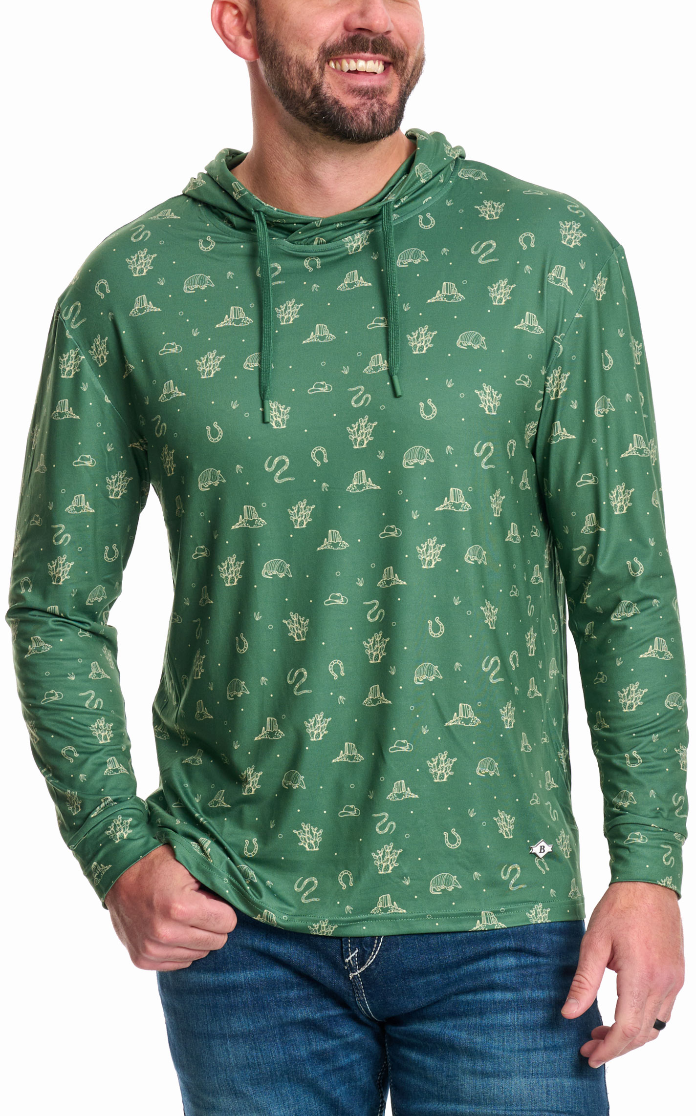 BURLEBO Men's Green Western Print Performance Outdoor Hoodie - Image 1
