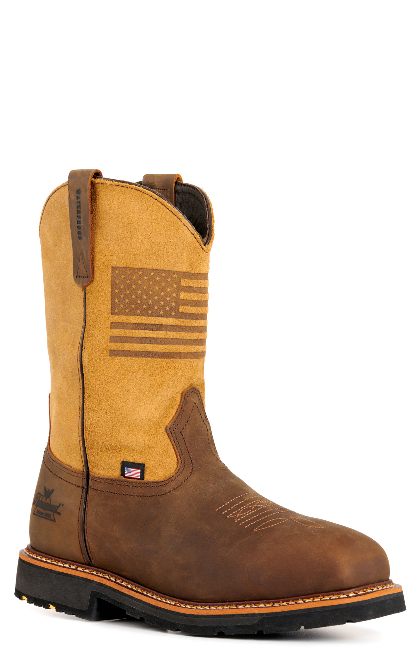 Thorogood Men's Brown and Tan with USA Flag Wide Square Composite Toe Work Boots - Image 1