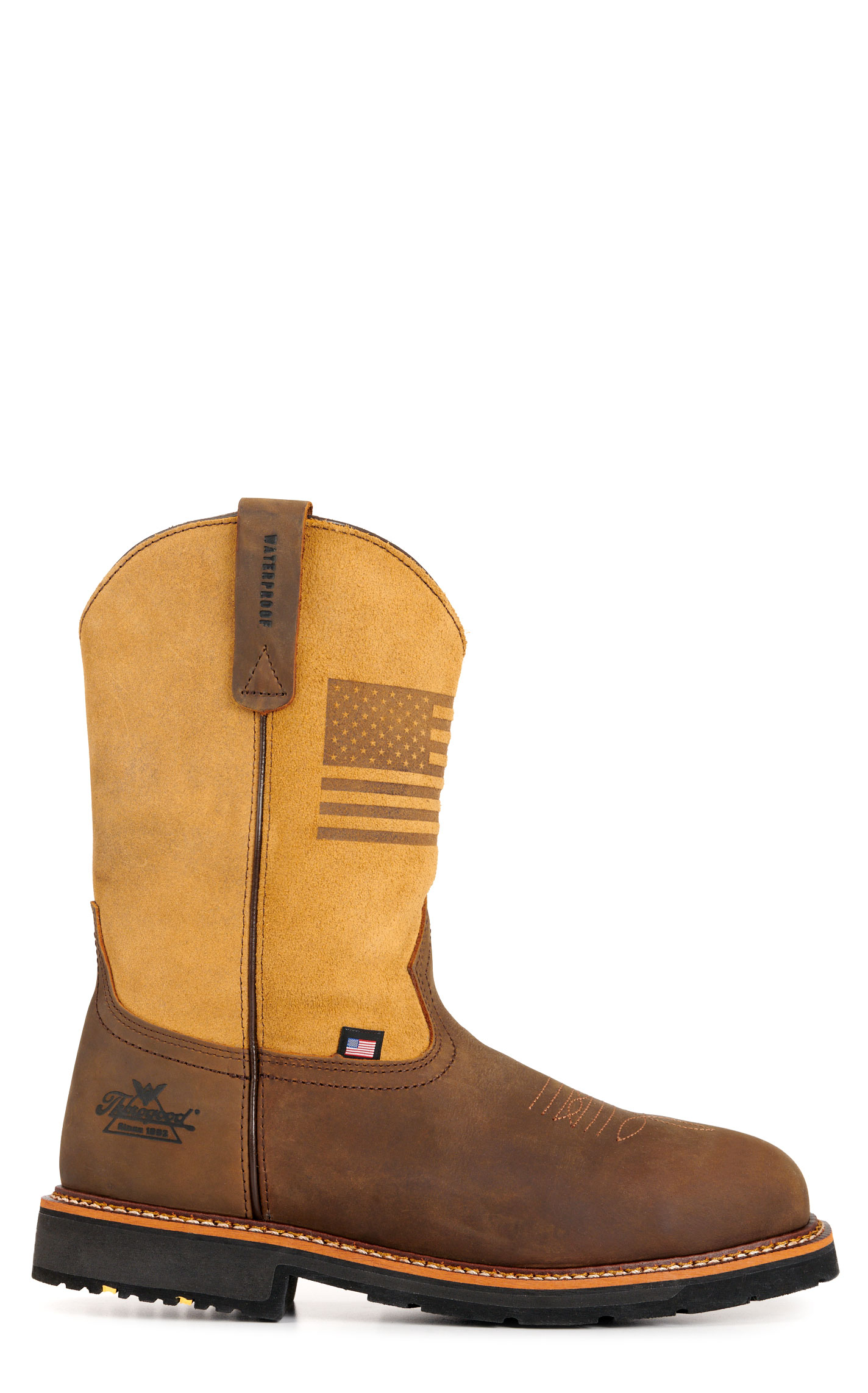 Thorogood Men's Brown and Tan with USA Flag Wide Square Composite Toe Work Boots - Image 1