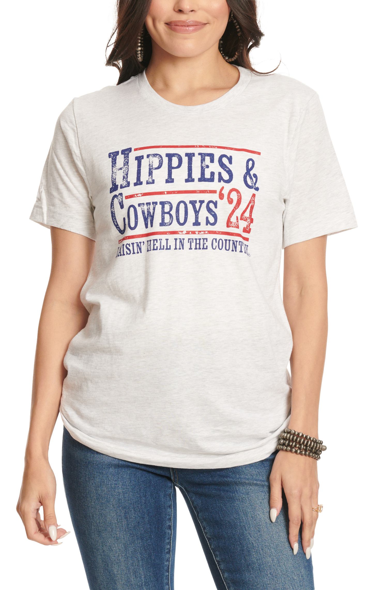 Rockin A Designs Women's Gray Hippies & Cowboys Short Sleeve T-Shirt - Image 1