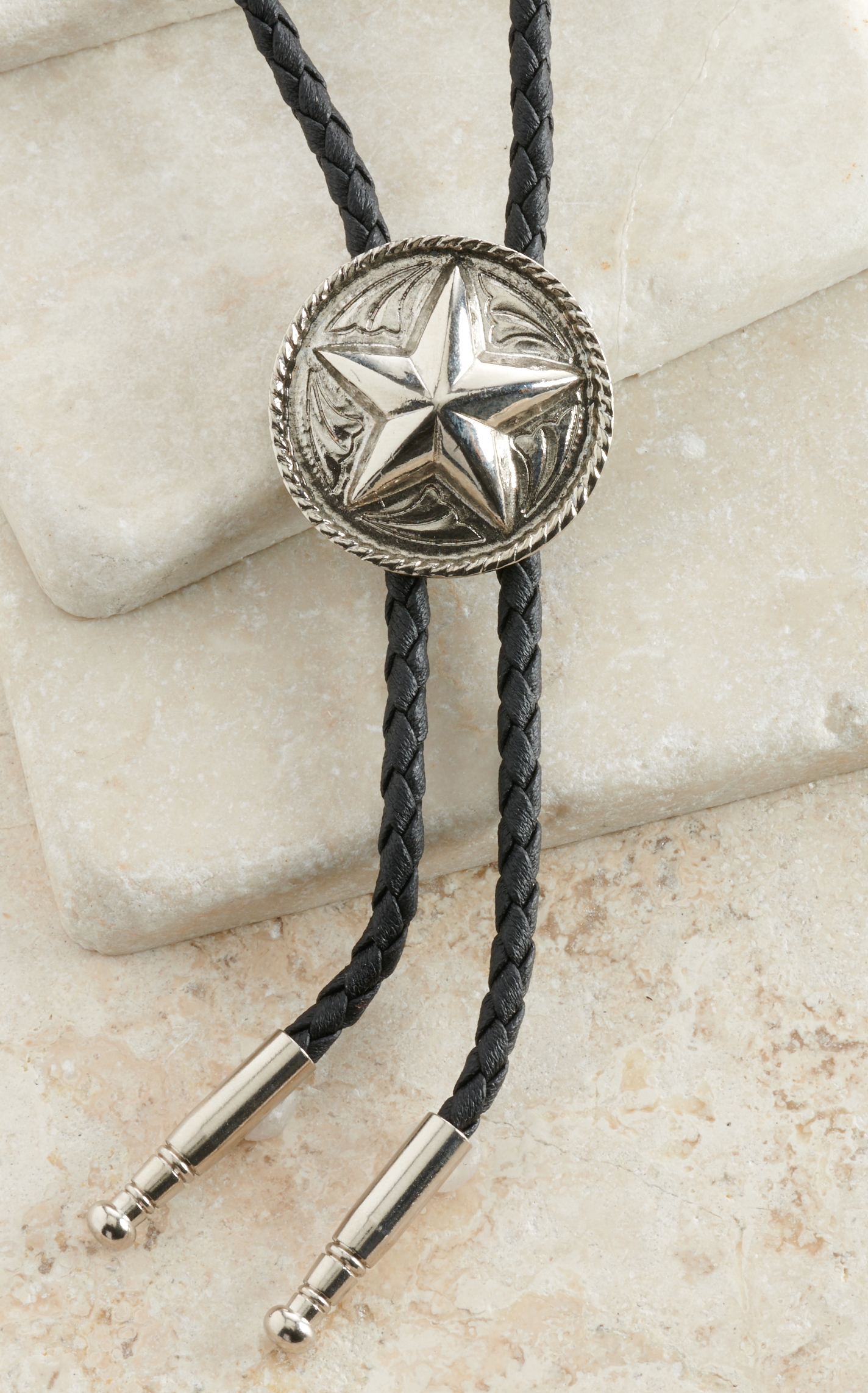 AndWest Antiqued Silver Texas Star and Rope Bolo Tie - Image 1