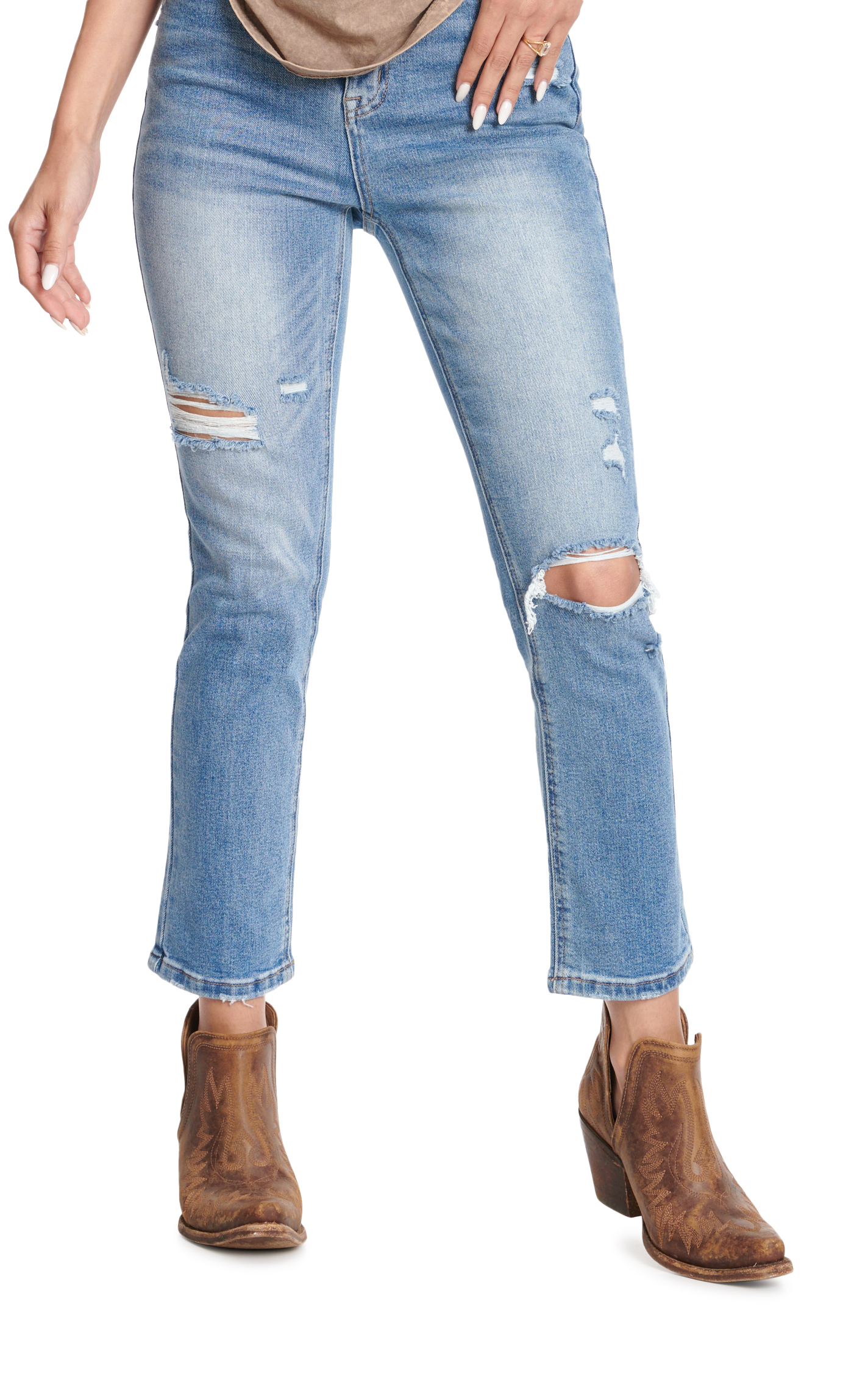 Rockin C Women's Light Wash High Rise Distressed Cropped Jeans - Image 1