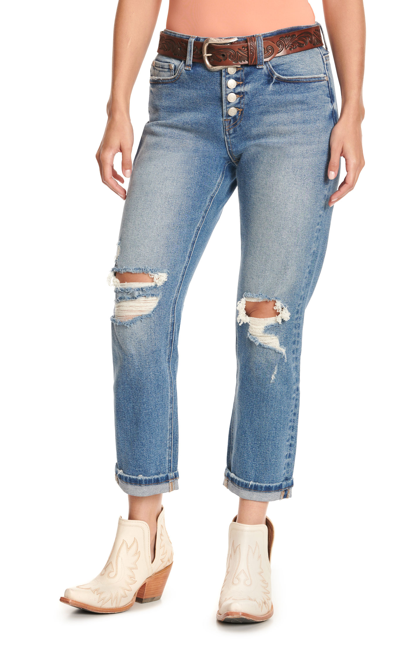 Rockin C Medium Wash Button Fly Distressed Boyfriend Cropped Jeans - Image 1