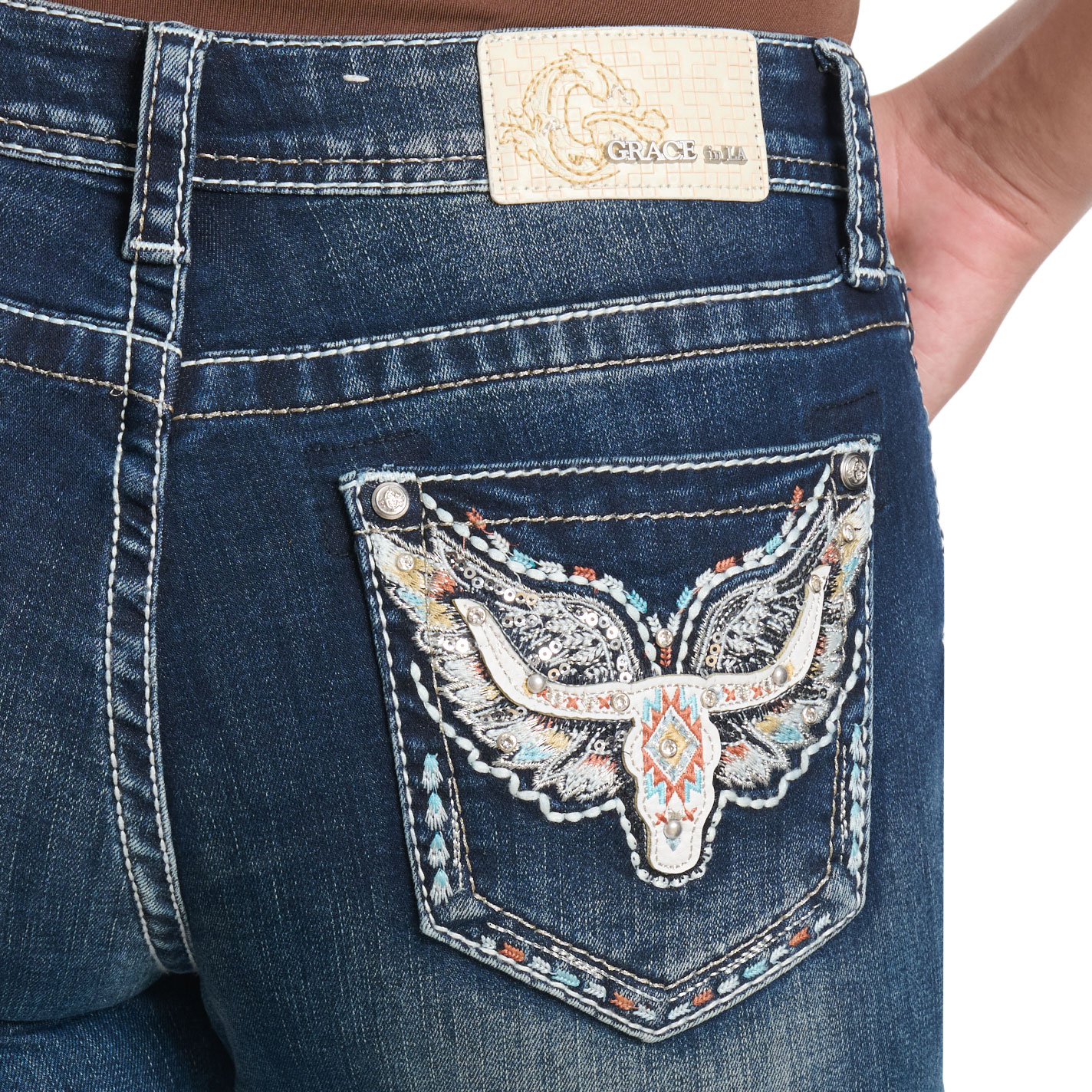 Grace in LA Women's Dark Wash Wings & Skulls Boot Cut Jeans - Image 1