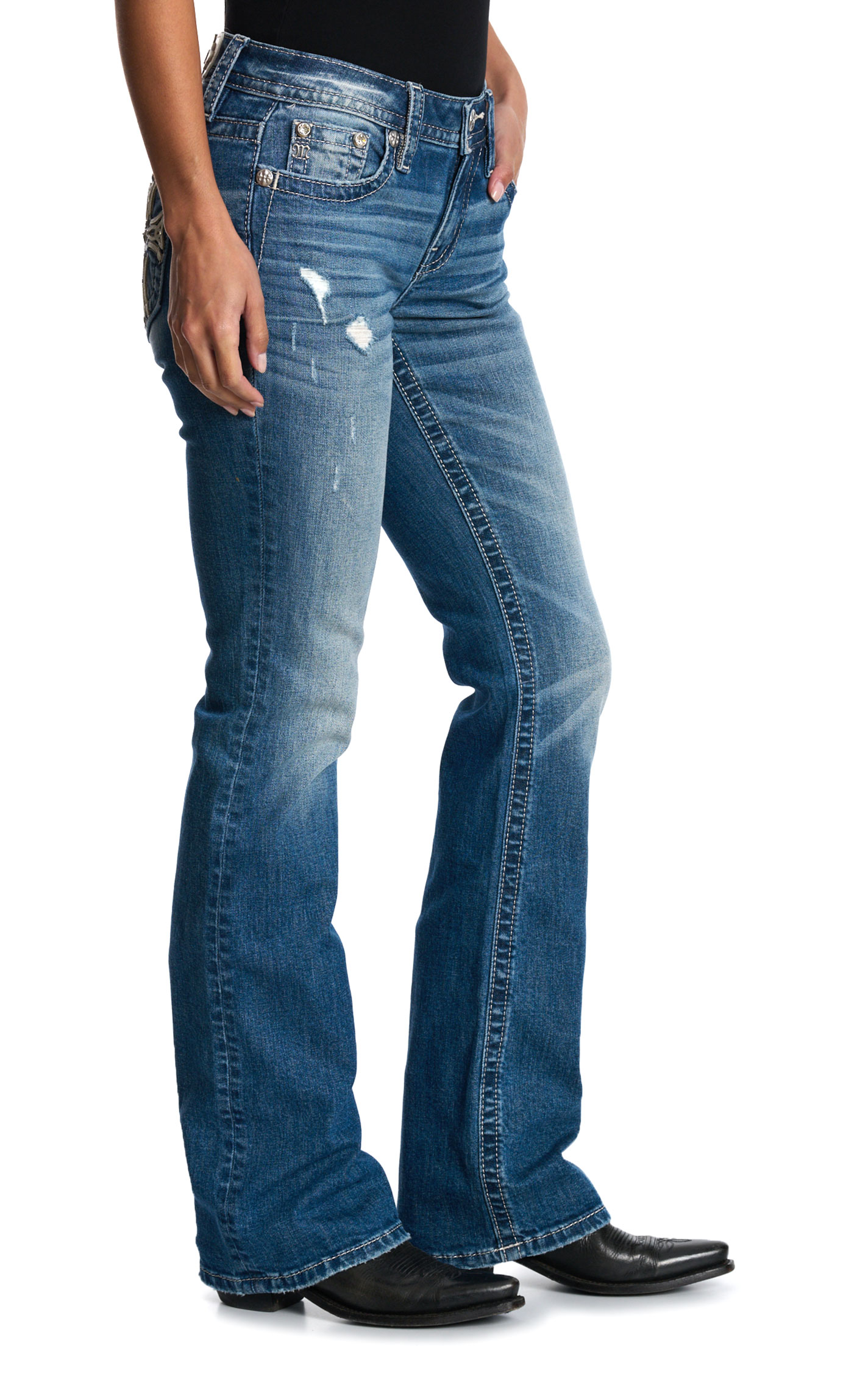 Miss Me Women's Medium Wash Cross Distressed Boot Cut 34\