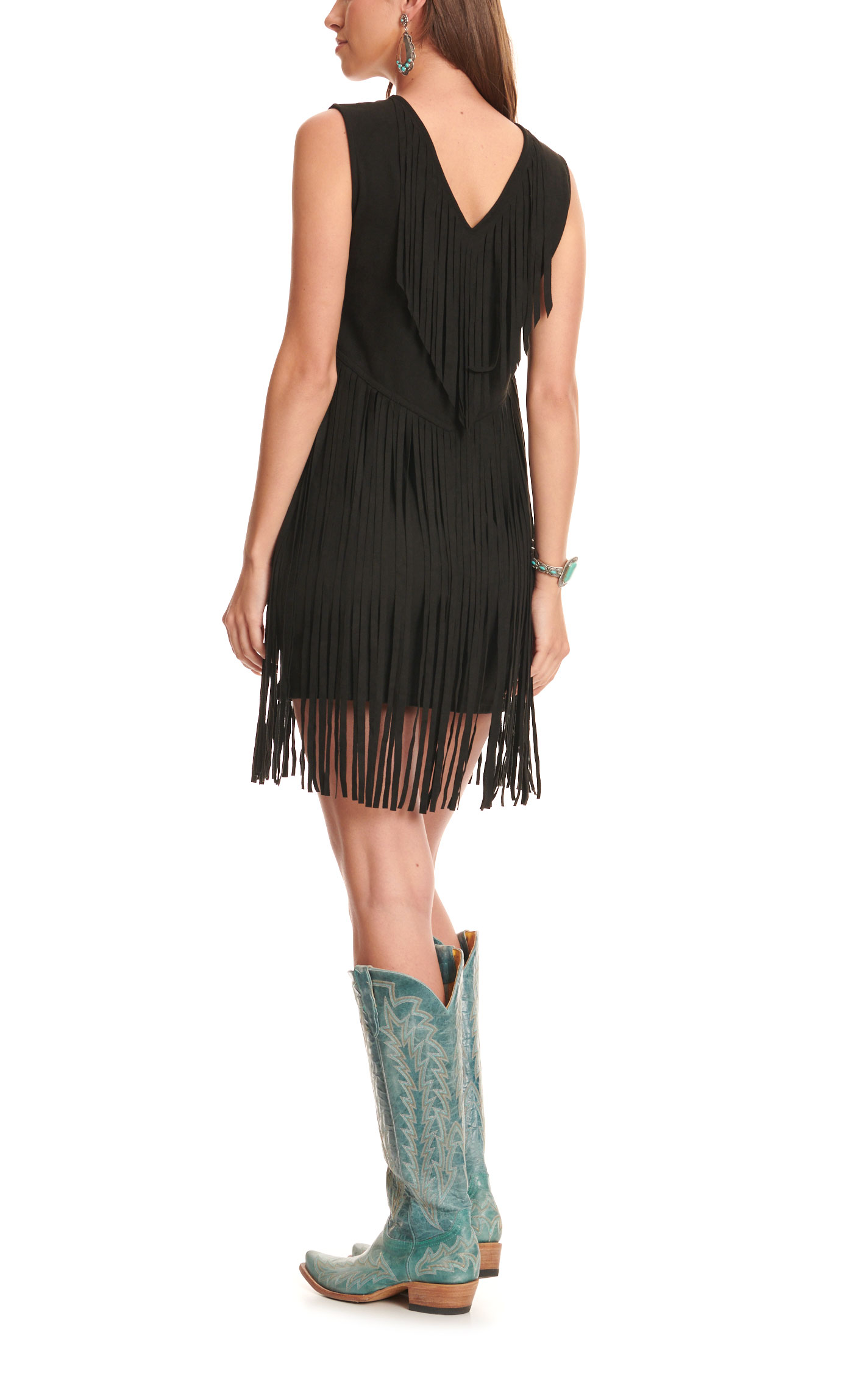 Fashion Express Women's Black Fringed Faux Suede Sleeveless Dress - Image 1