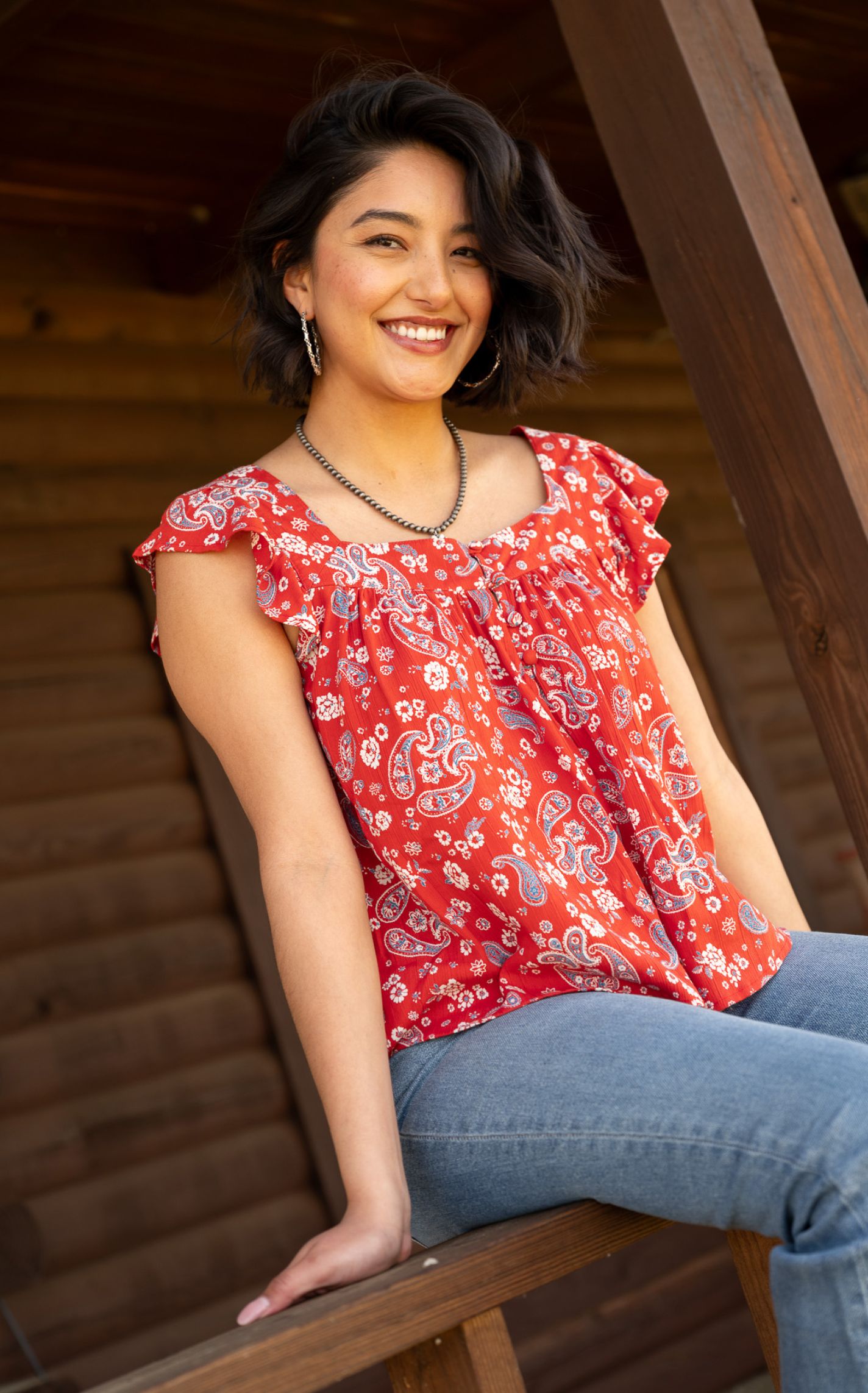 Rockin' C Women's Red Floral Bandana Print Top  - Image 1