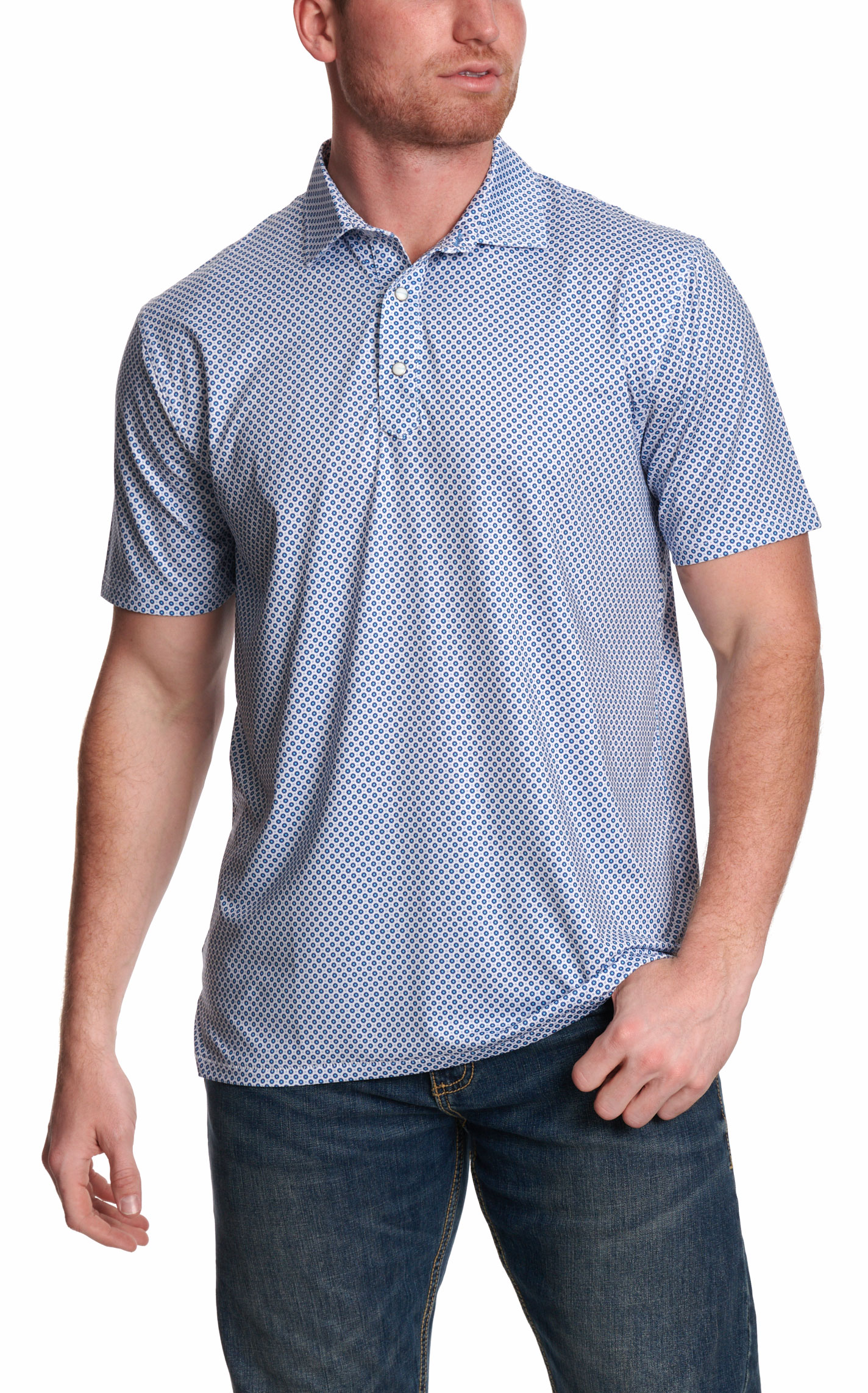 Rafter C Men’s White & Blue Dot Geo Print Short Sleeve Polo Shirt - Image 1