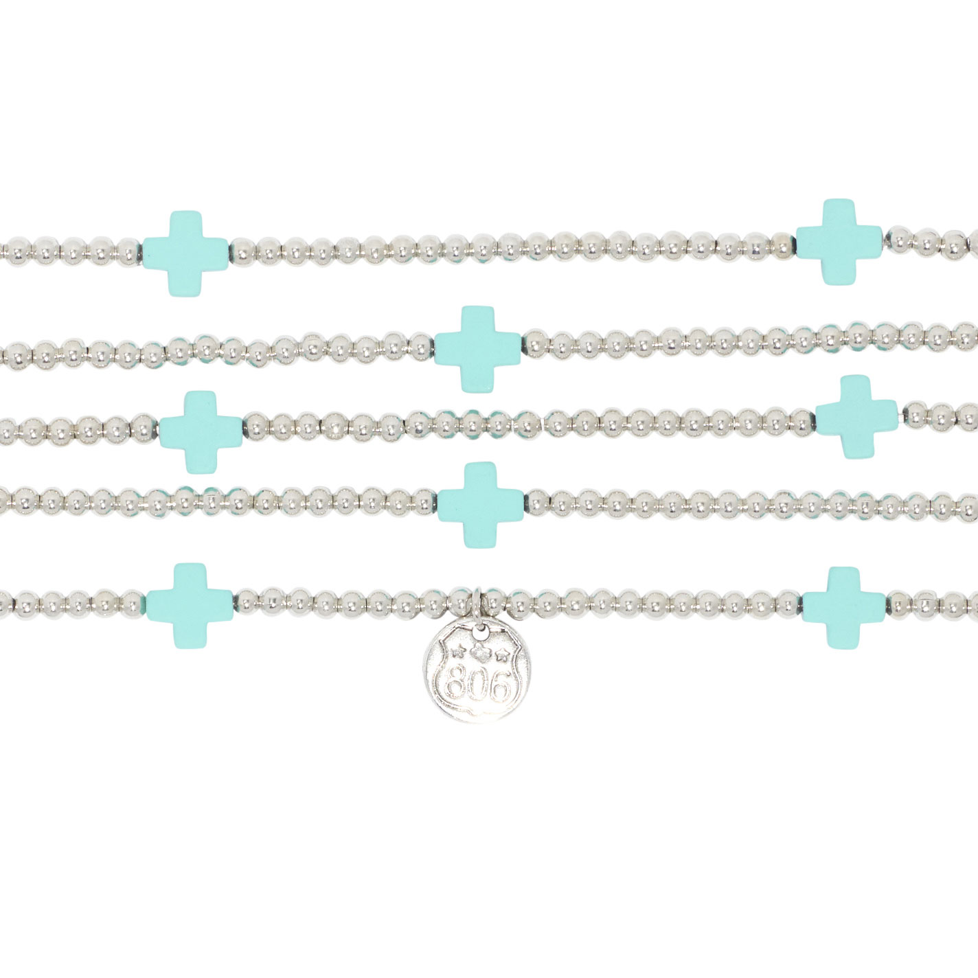 806 Silver Bead & Turquoise Cross 5-Strand Bracelet Set - Image 1