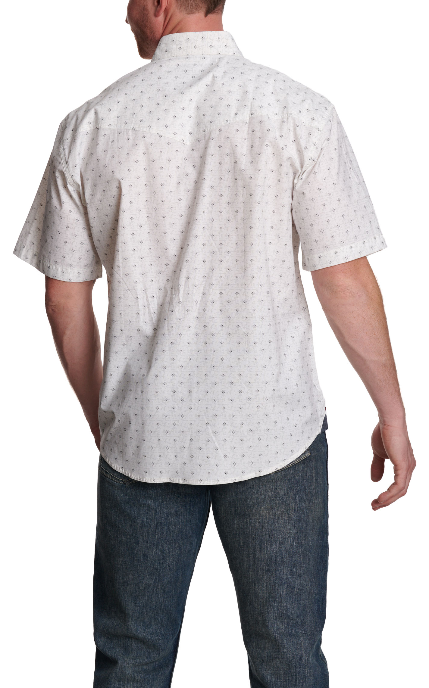 Rafter C Red Dirt Men’s White Geo Print Short Sleeve Pearl Snap Western Shirt - Image 1
