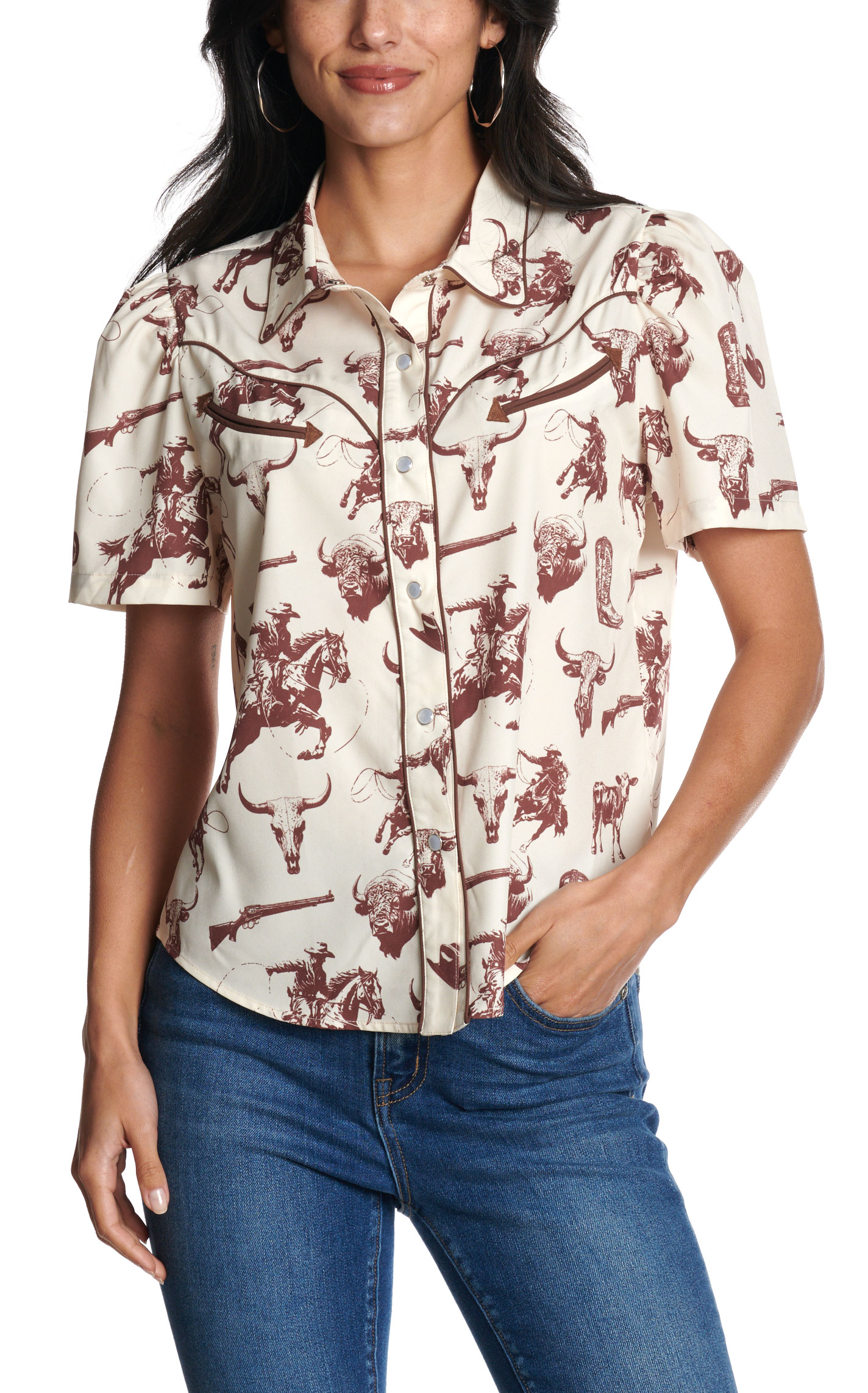 Rockin' C Women's Cream & Brown Rodeo Print Western Shirt - Image 1