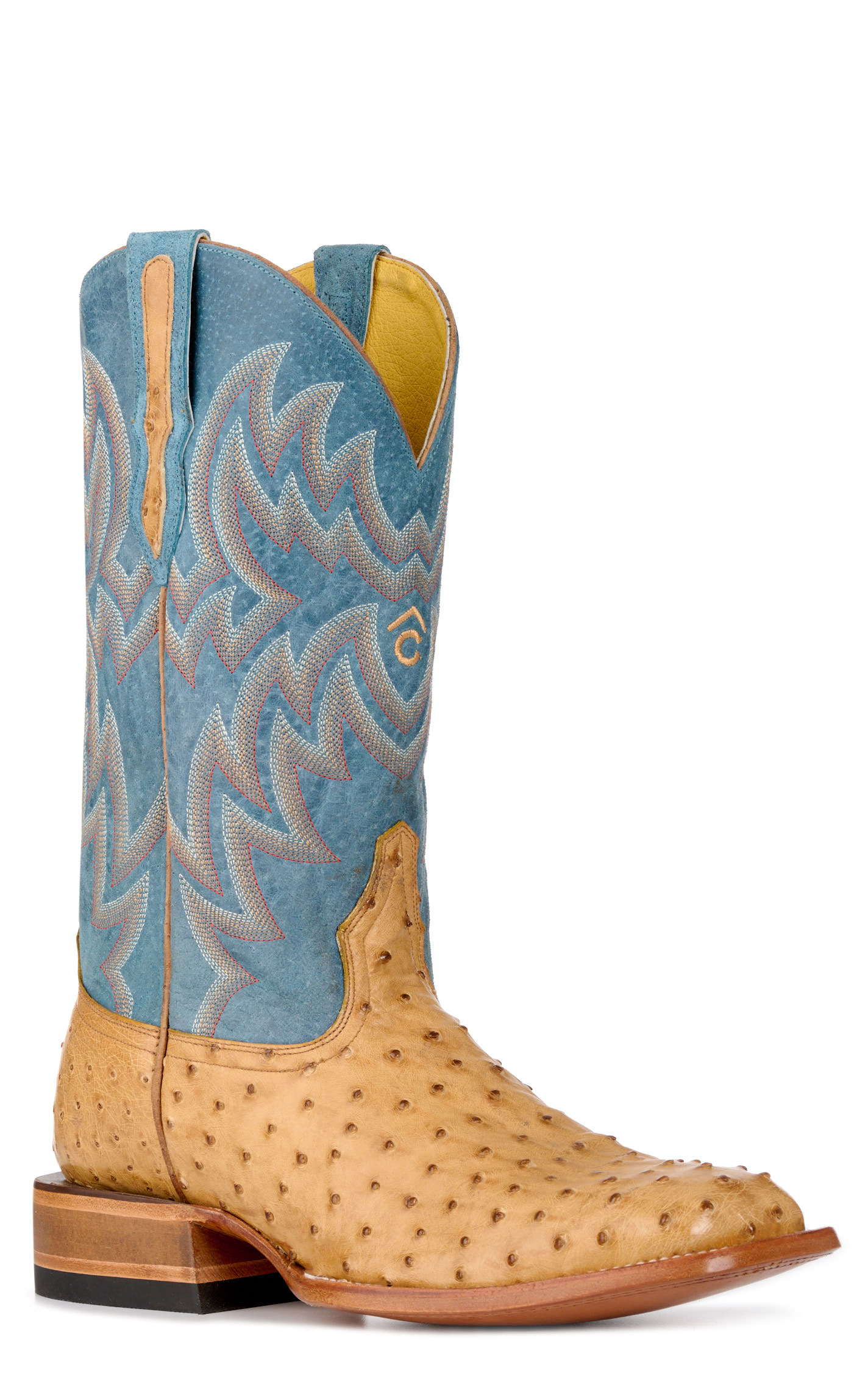 Cavender's Men's Blue and Saddle Full Quill Ostrich Wide Square Toe Exotic Cowboy Boots - Image 1