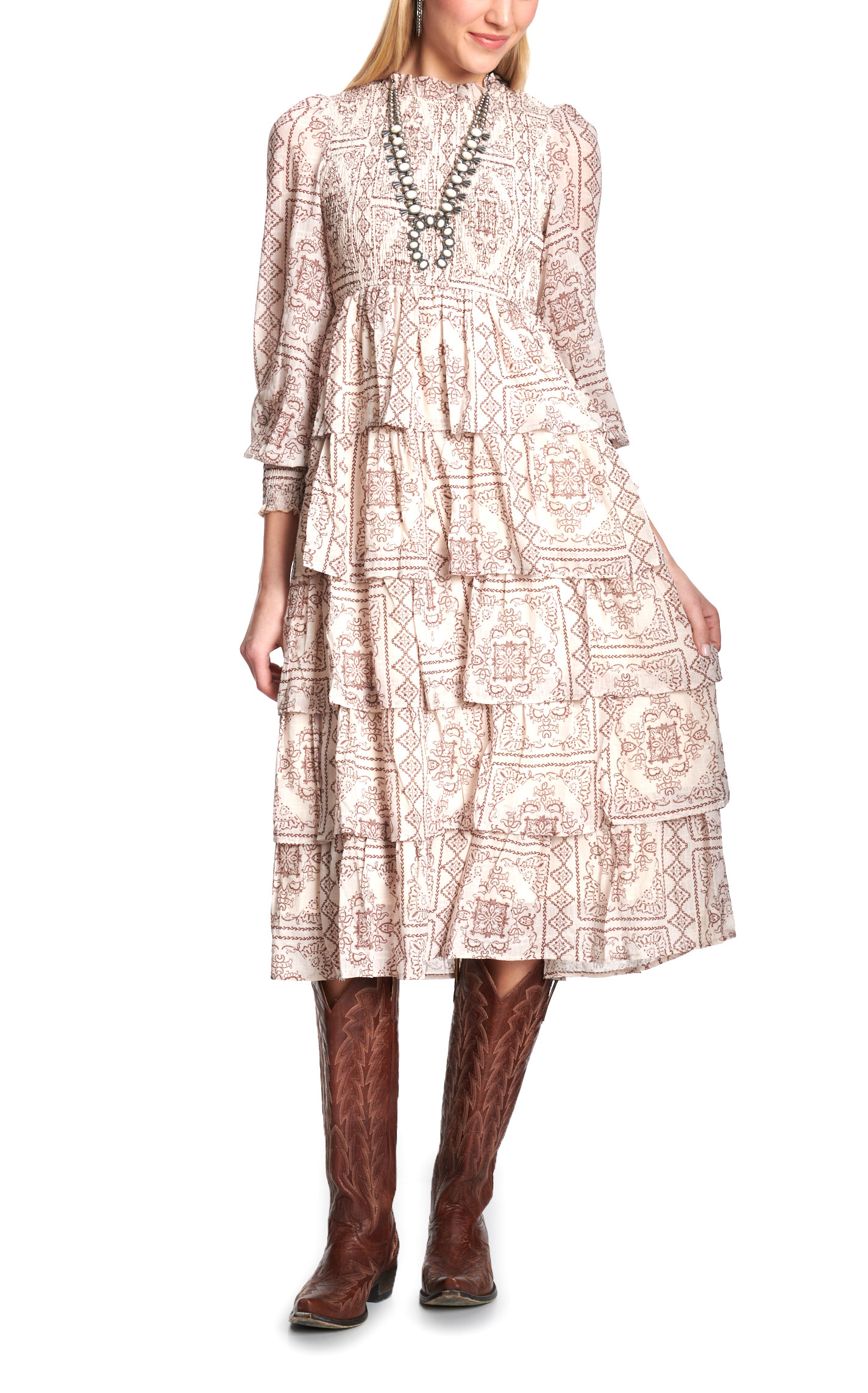 TCEC Women's Cream & Cinnamon Picture-Frame Print Smocked Dress - Image 1