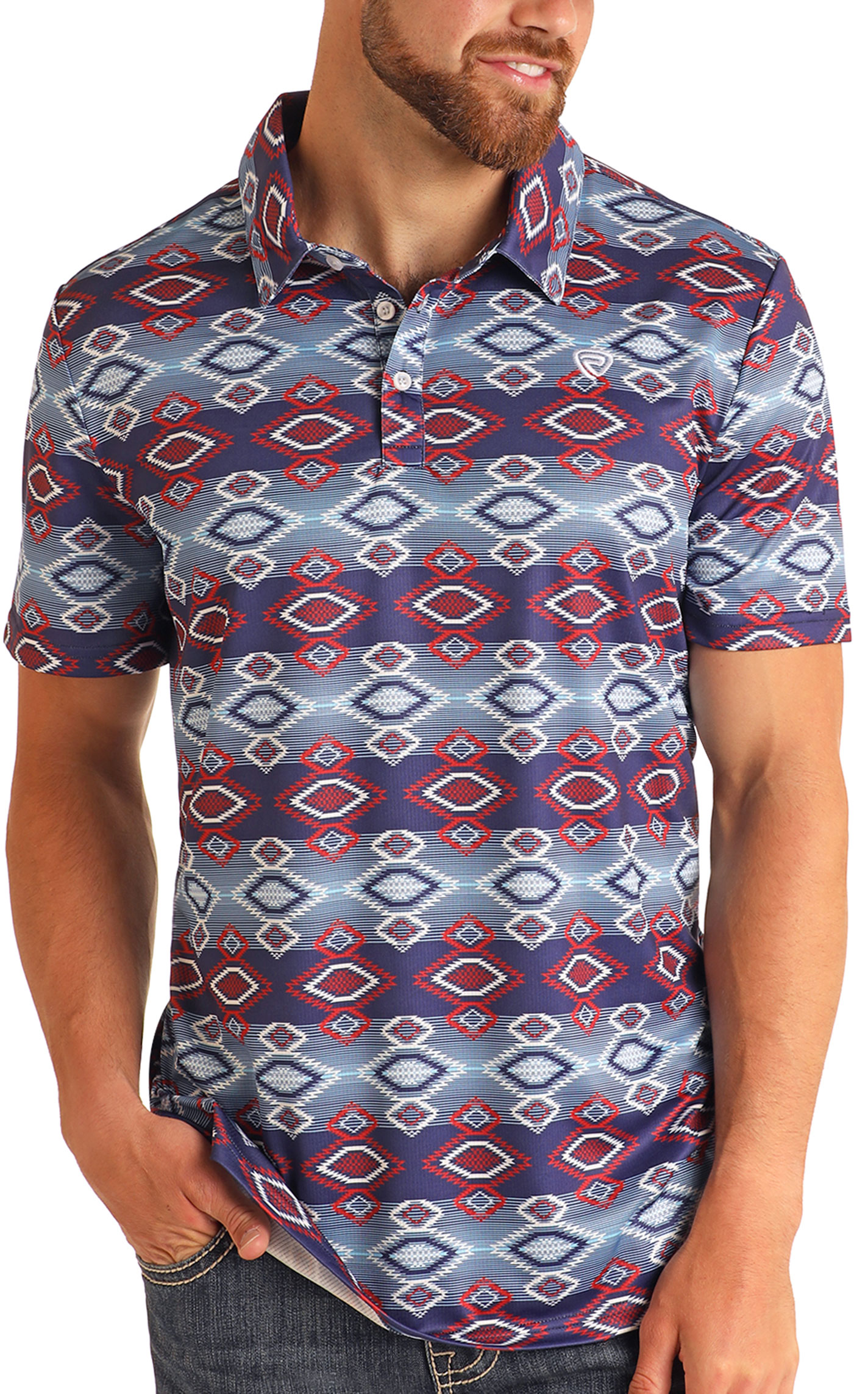 Rock & Roll Denim Men's Red Blue Aztec Print Polo - Image 1